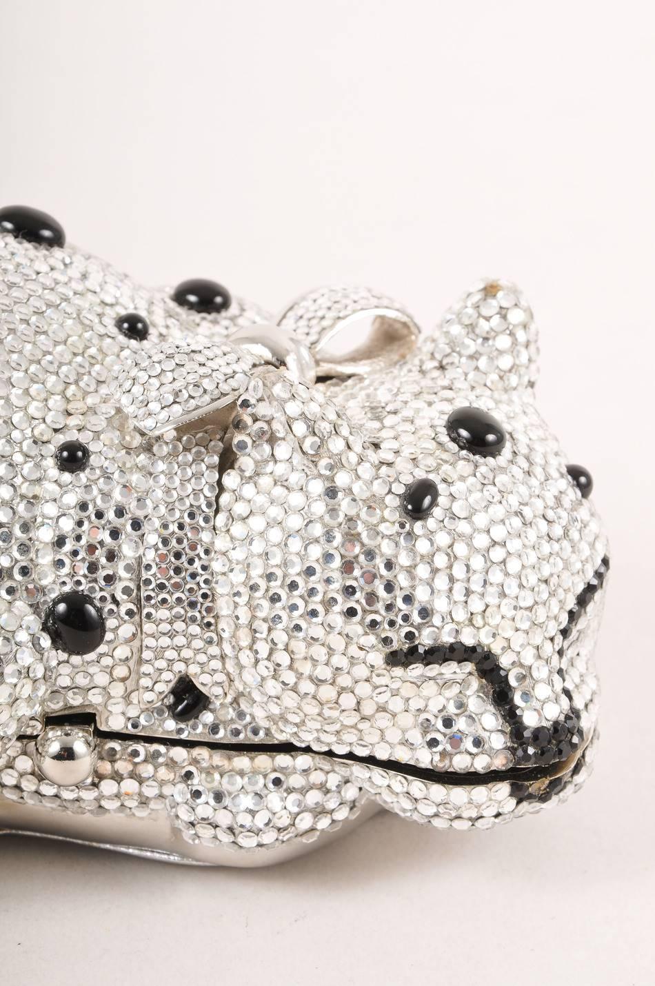 Judith Leiber Silver/Black Rhinestone Cat Minaudiere Clutch In Good Condition For Sale In Chicago, IL