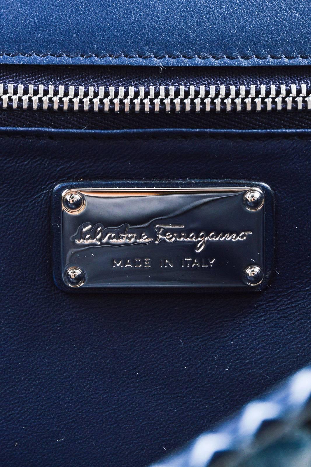 Salvatore Ferragamo Blue Black Snakeskin & Suede Patchwork Top Flap Shoulder Bag 3