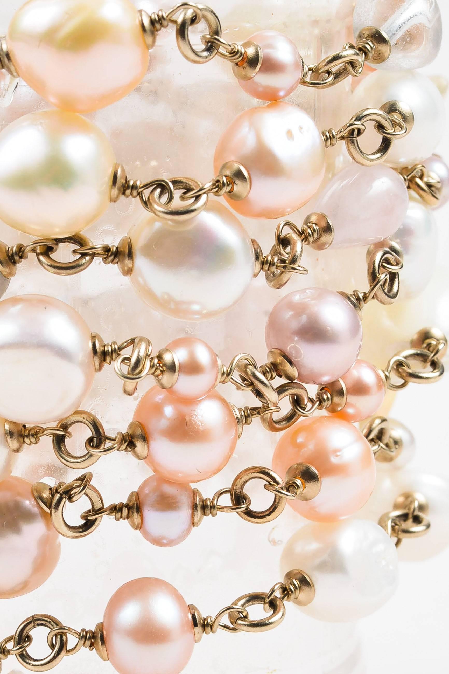 Women's Chanel 2012 Spring Gold Tone Pink Faux Pearl Beaded Multi Strand 'CC' Bracelet For Sale