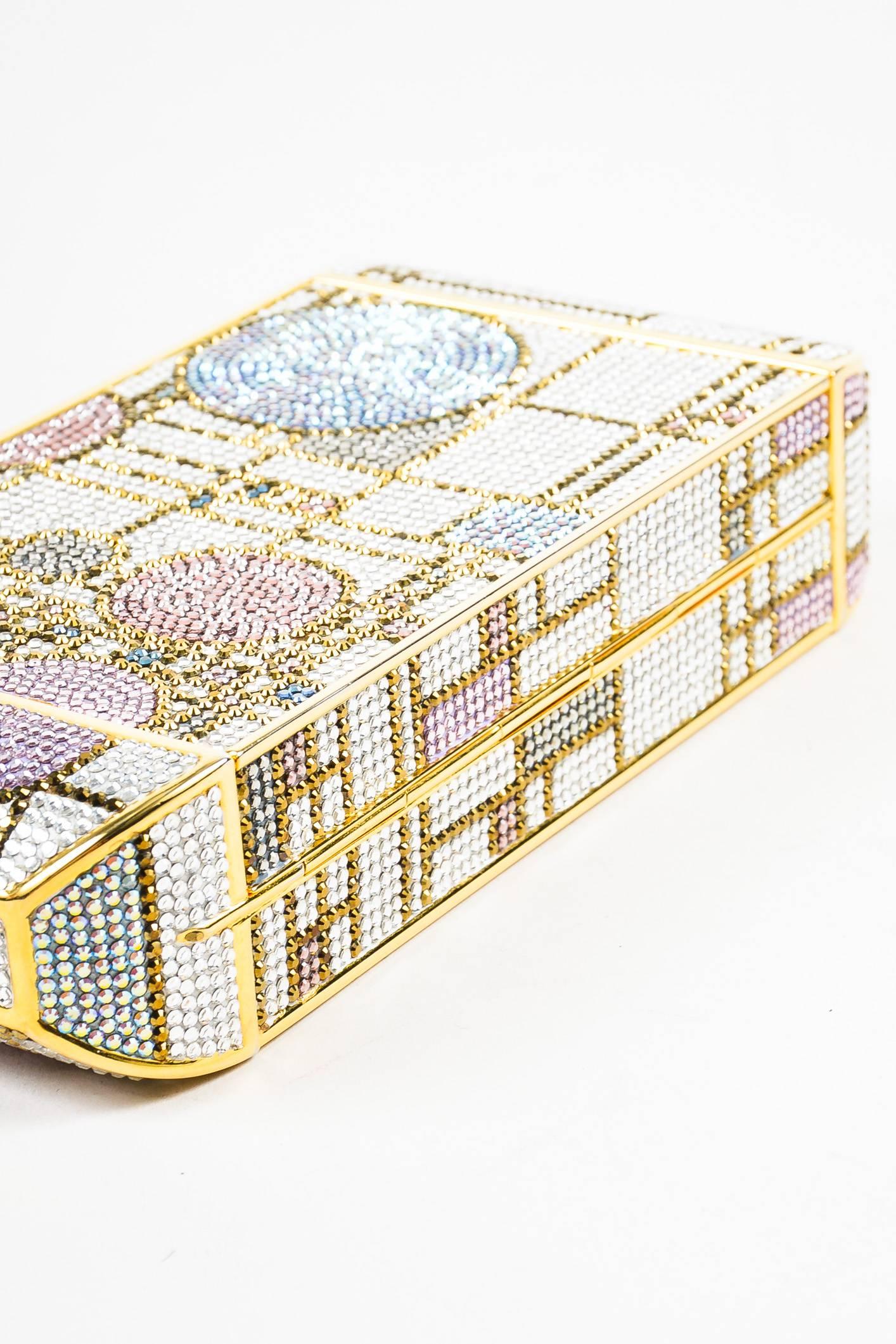 Judith Leiber Pink & Gold Tone Swarovski Crystal Geometric Patterned Minaudiere In Excellent Condition For Sale In Chicago, IL