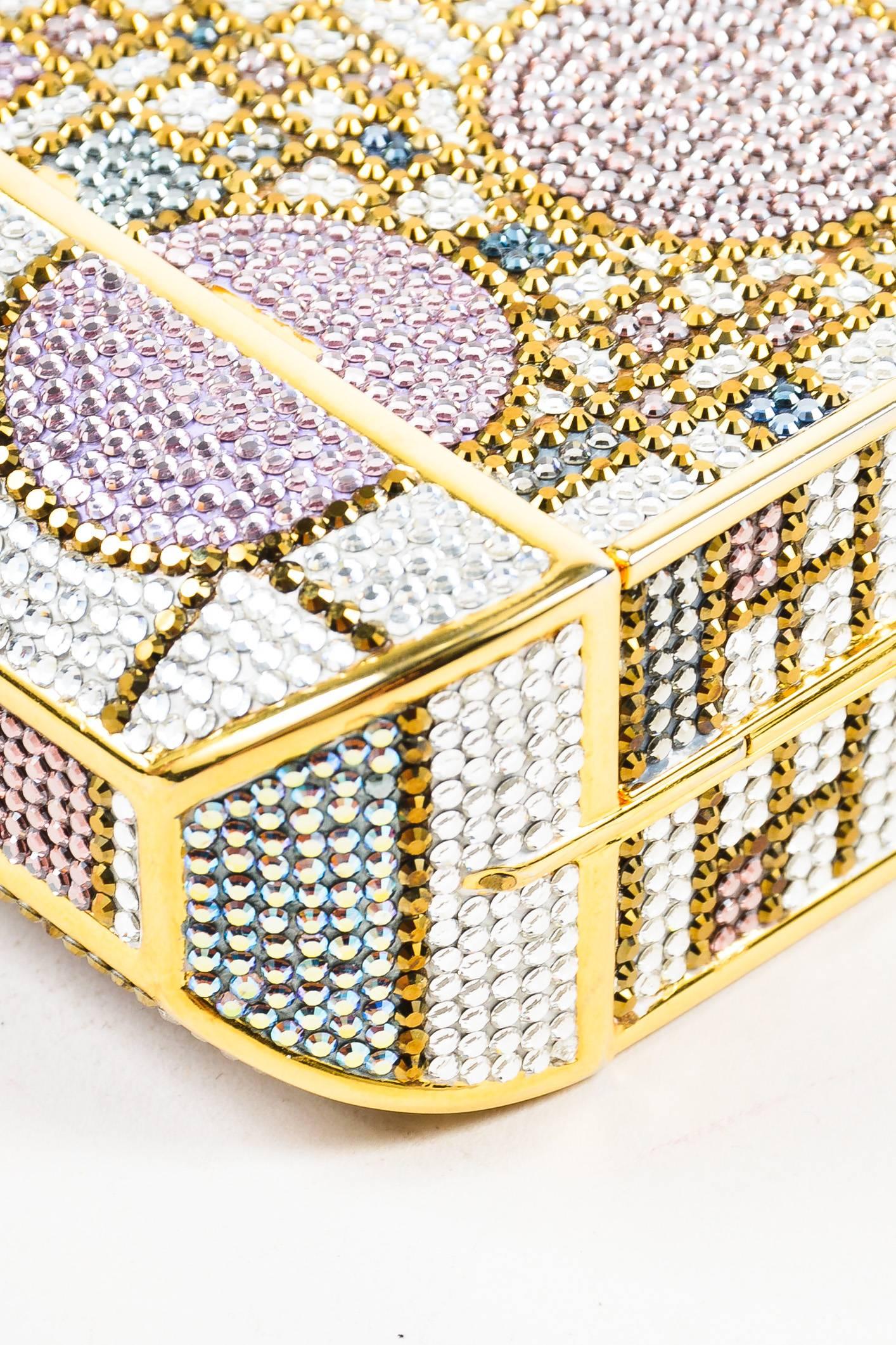 Judith Leiber Pink & Gold Tone Swarovski Crystal Geometric Patterned Minaudiere For Sale 1