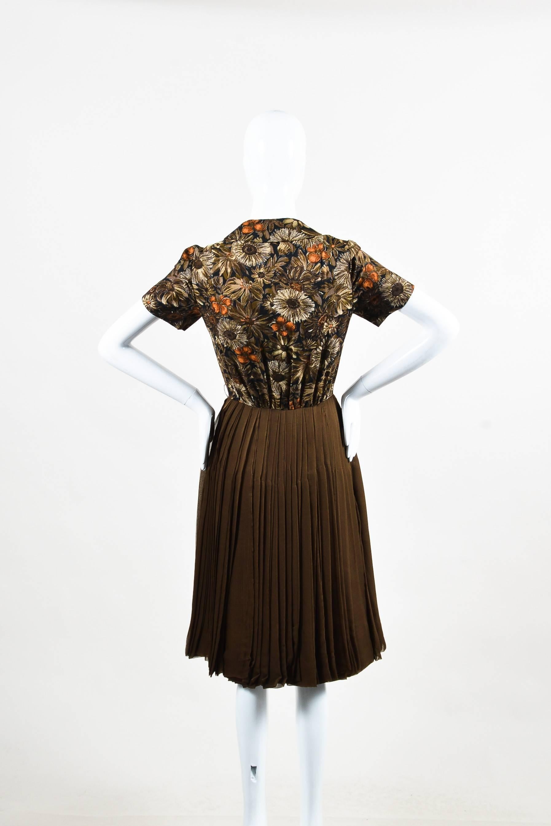 Black Henri Bendel Olive Green Pleated Brown Floral Print Collared SS Dress For Sale