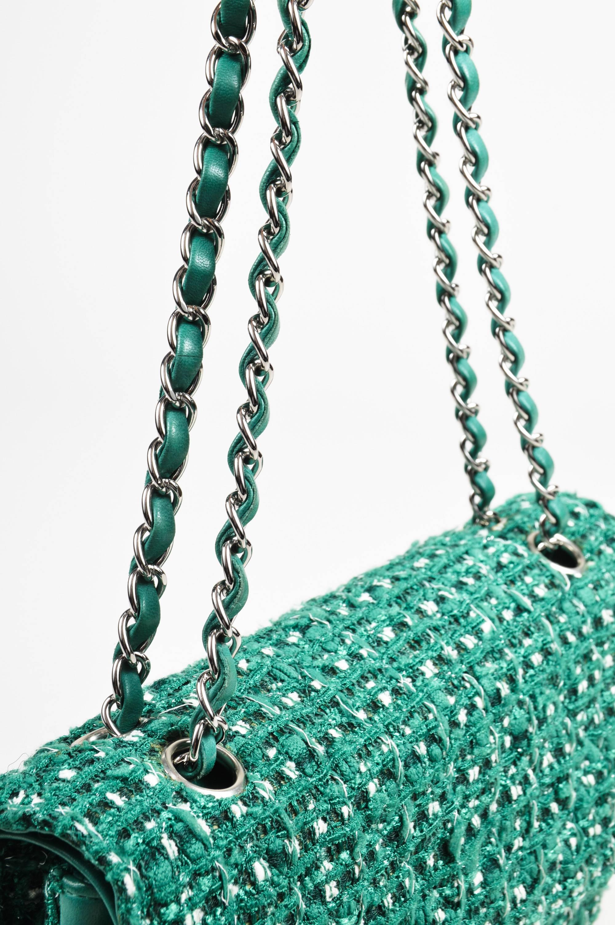 Chanel Green White Silver Tone Tweed Chain 
