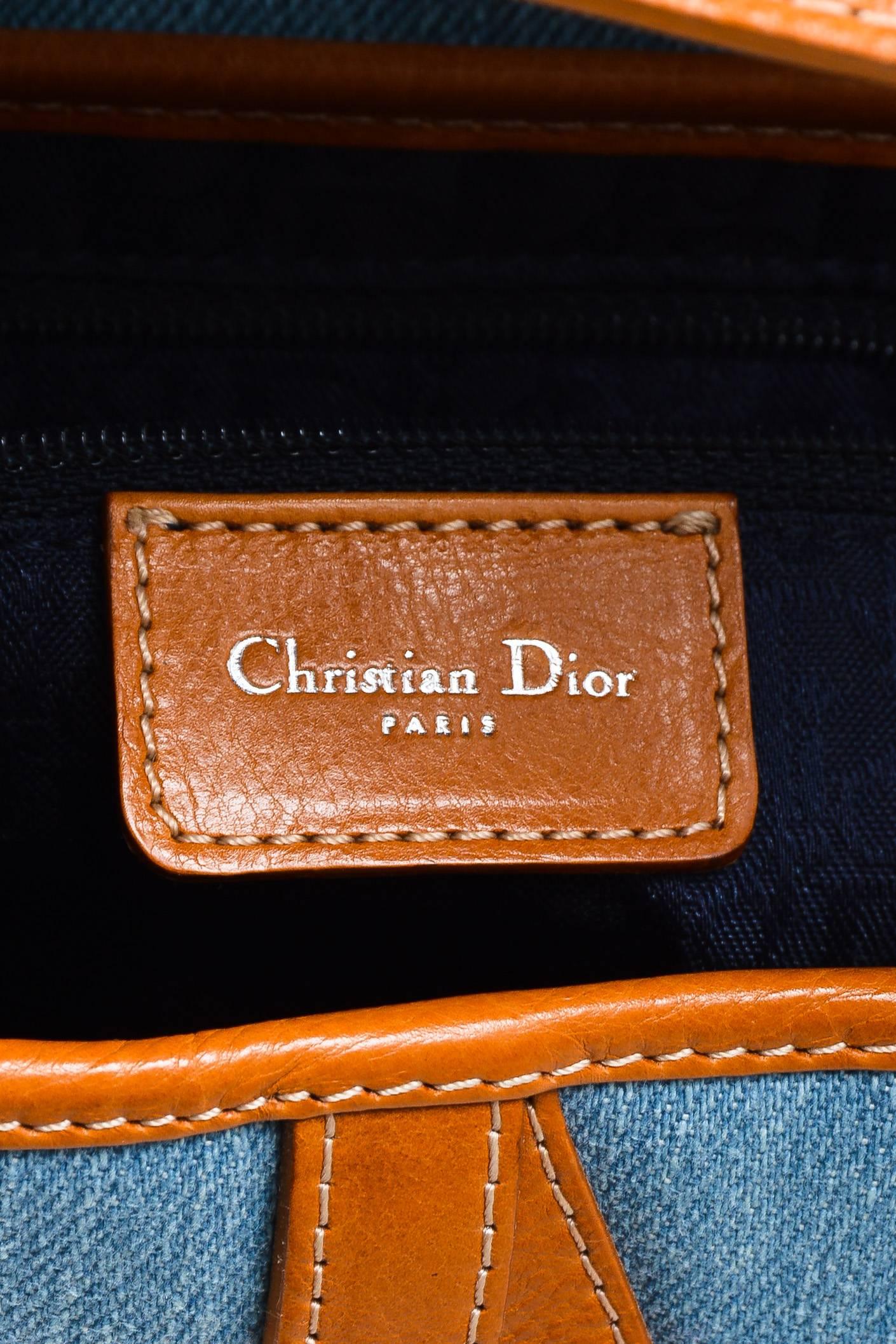 Women's Christian Dior Light Blue Tan Denim Leather Embroidered Shoulder 
