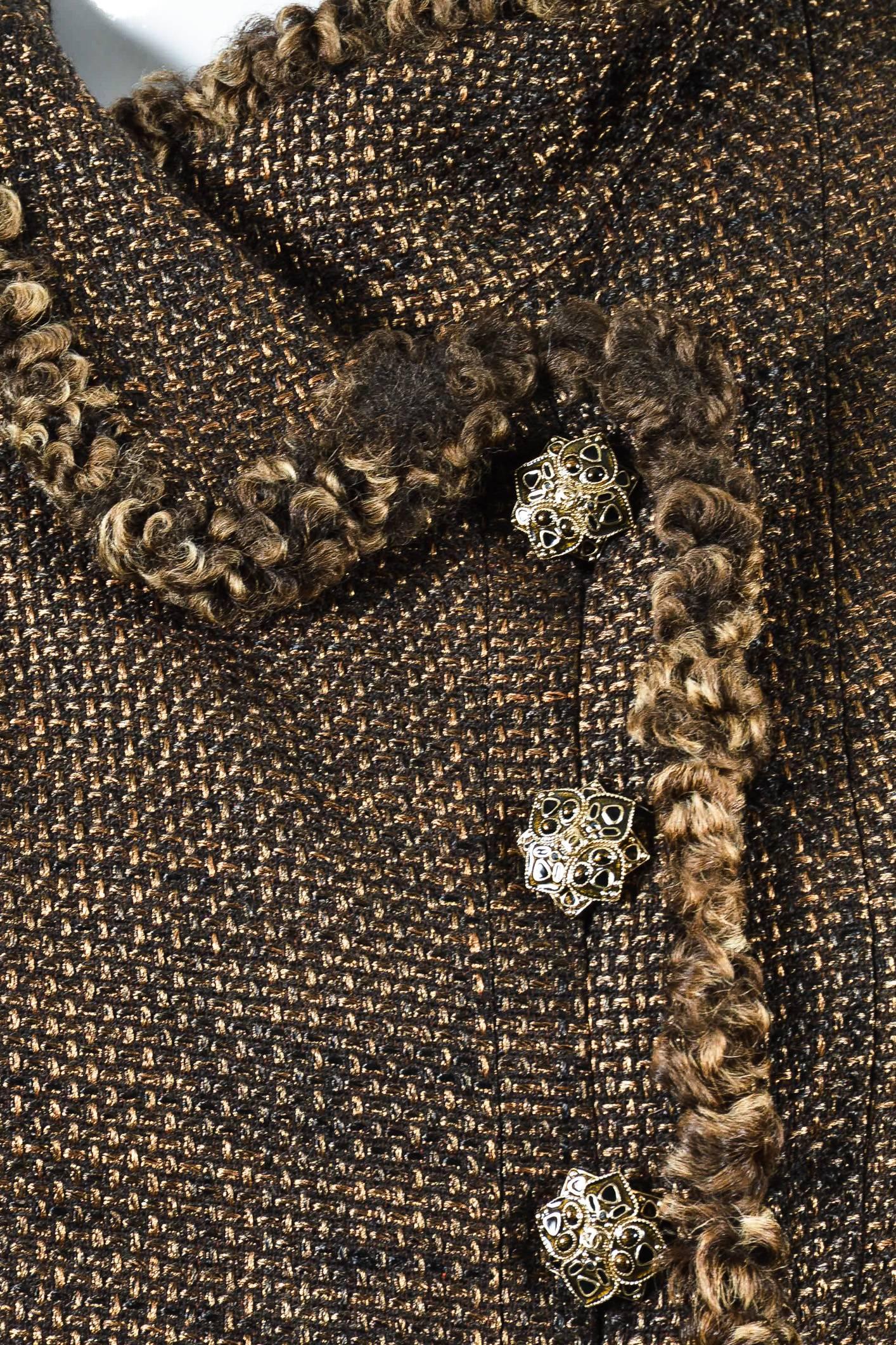 Chanel 09A Brown Metallic Tweed Fur Trim Embellished Button LS Jacket Size 38 In Good Condition For Sale In Chicago, IL