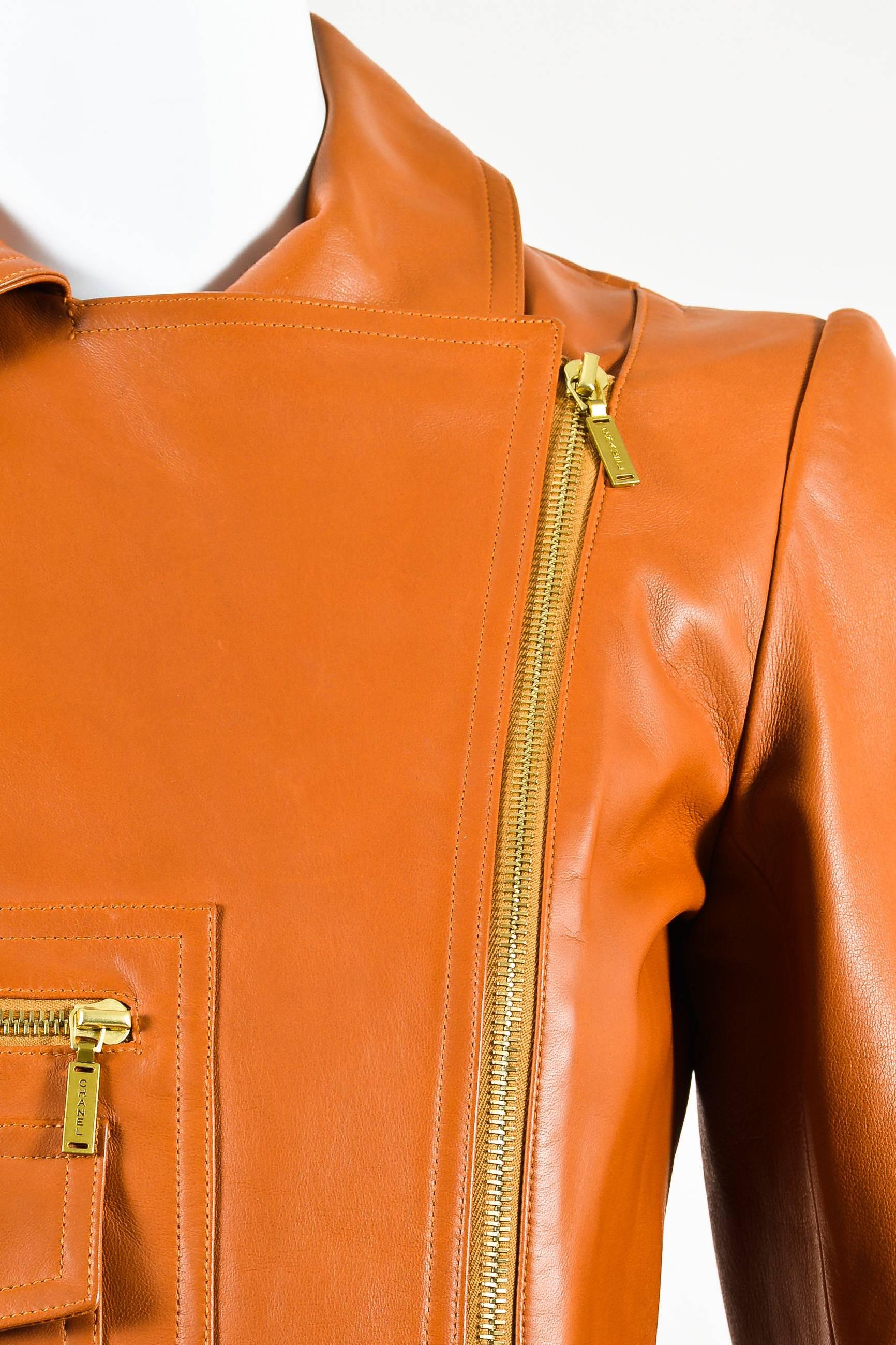 Women's Chanel 01P Brown Leather Asymmetrical Pocket Zip Long Sleeve Moto Jacket SZ 36 For Sale
