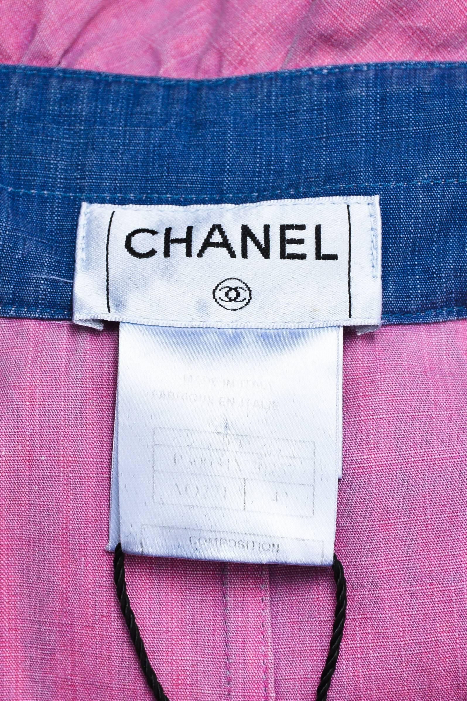 Women's Chanel 07C Blue Pink Cotton Denim Ruffle Frayed Edge Button Up A Line Top SZ 42 For Sale