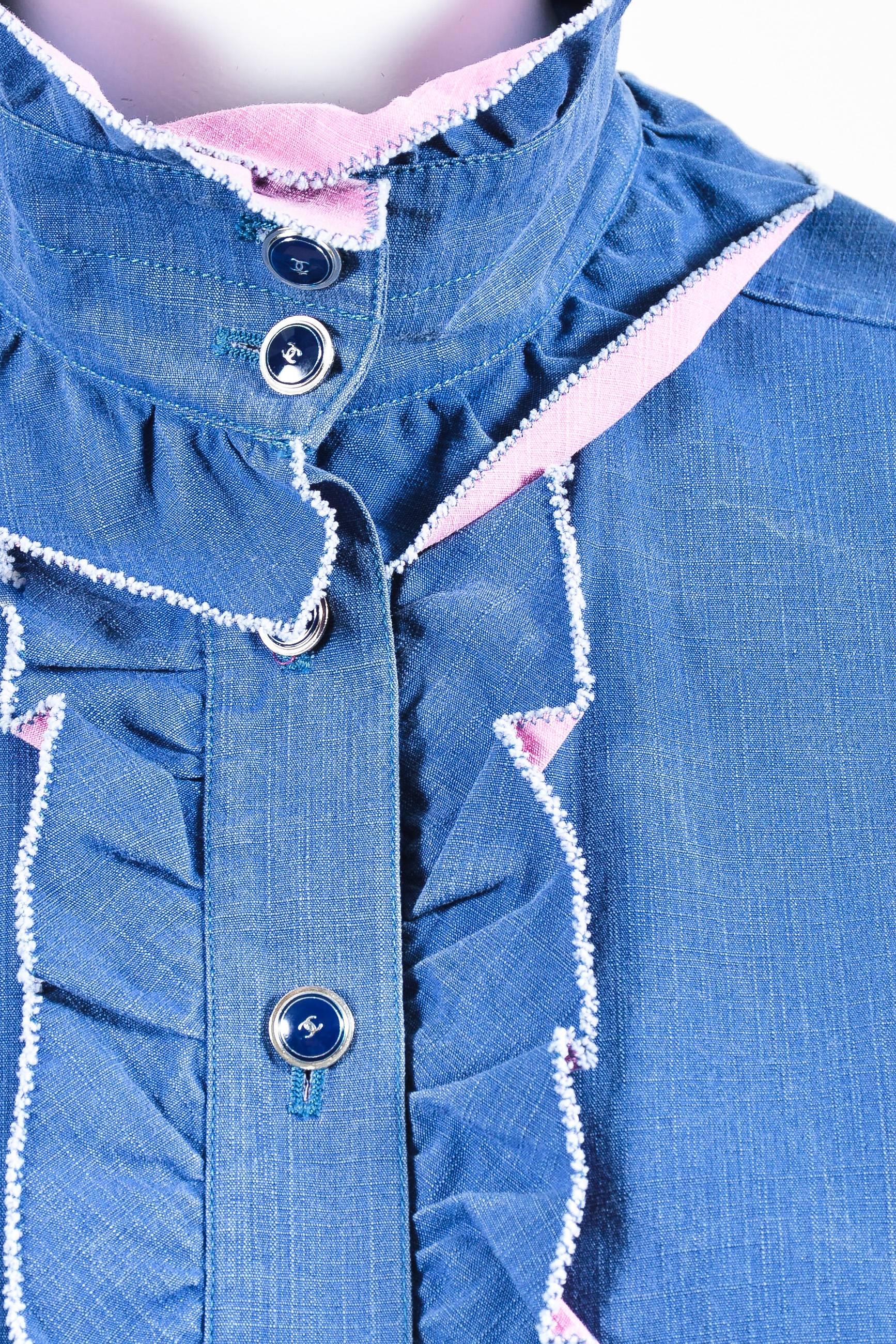 Chanel 07C Blue Pink Cotton Denim Ruffle Frayed Edge Button Up A Line Top SZ 42 In Excellent Condition For Sale In Chicago, IL