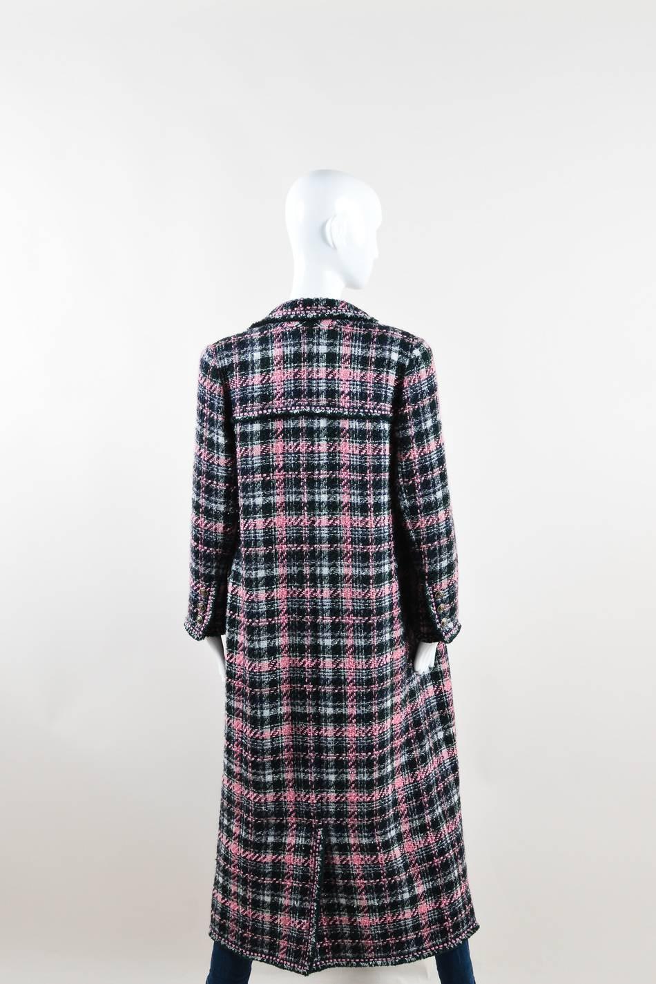 Black Chanel 04A Navy Grey Pink Silver Wool Tweed Flower Pin Long Coat Size 42 For Sale