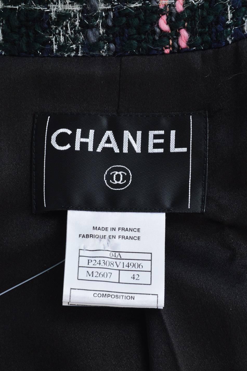 Women's Chanel 04A Navy Grey Pink Silver Wool Tweed Flower Pin Long Coat Size 42 For Sale