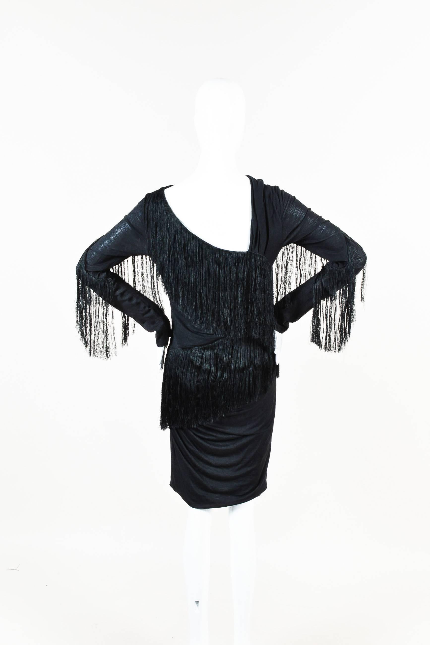 Emilio Pucci Black Jersey Fringe Trimmed Long Sleeve Dress In Good Condition For Sale In Chicago, IL