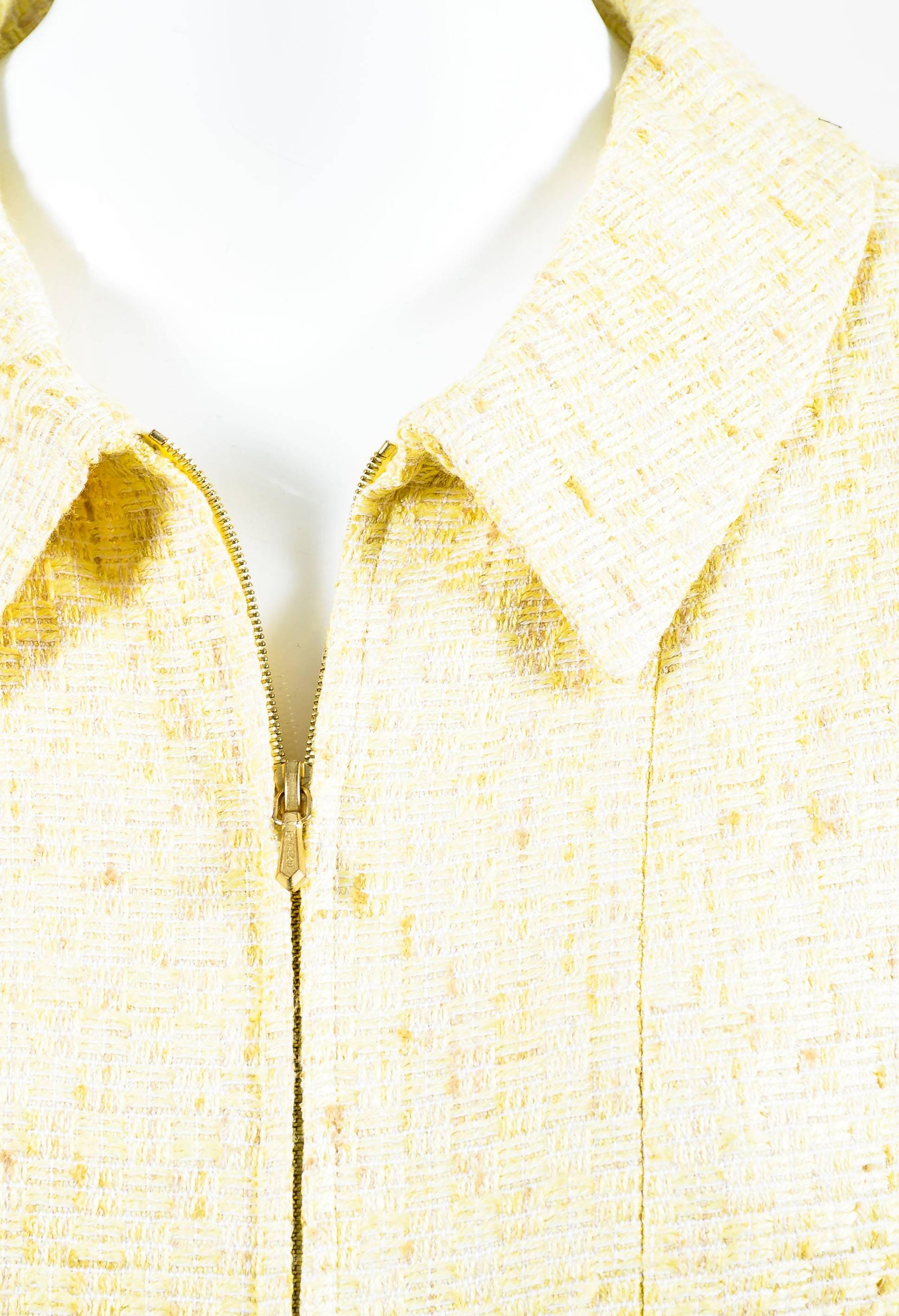 Women's Vintage Chanel Yellow White Tweed Zipped Front Split Long Structured Coat SZ 40 For Sale