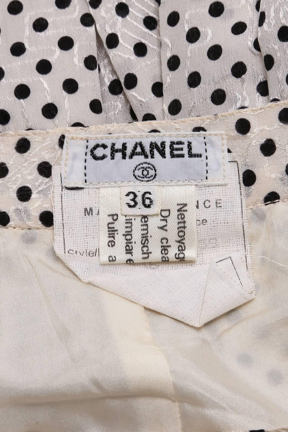 Chanel Cream Black Silk Jacquard Polka Dot Print Blouse Top Skirt Scarf Set SZ36 6