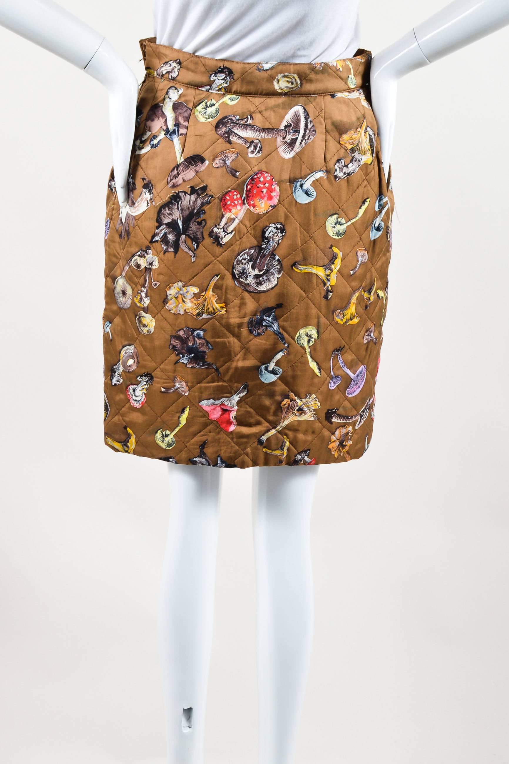 Hermes Brown Multicolor Silk Twill Quilted Mushroom Print A Line Skirt Size 38 In Good Condition For Sale In Chicago, IL