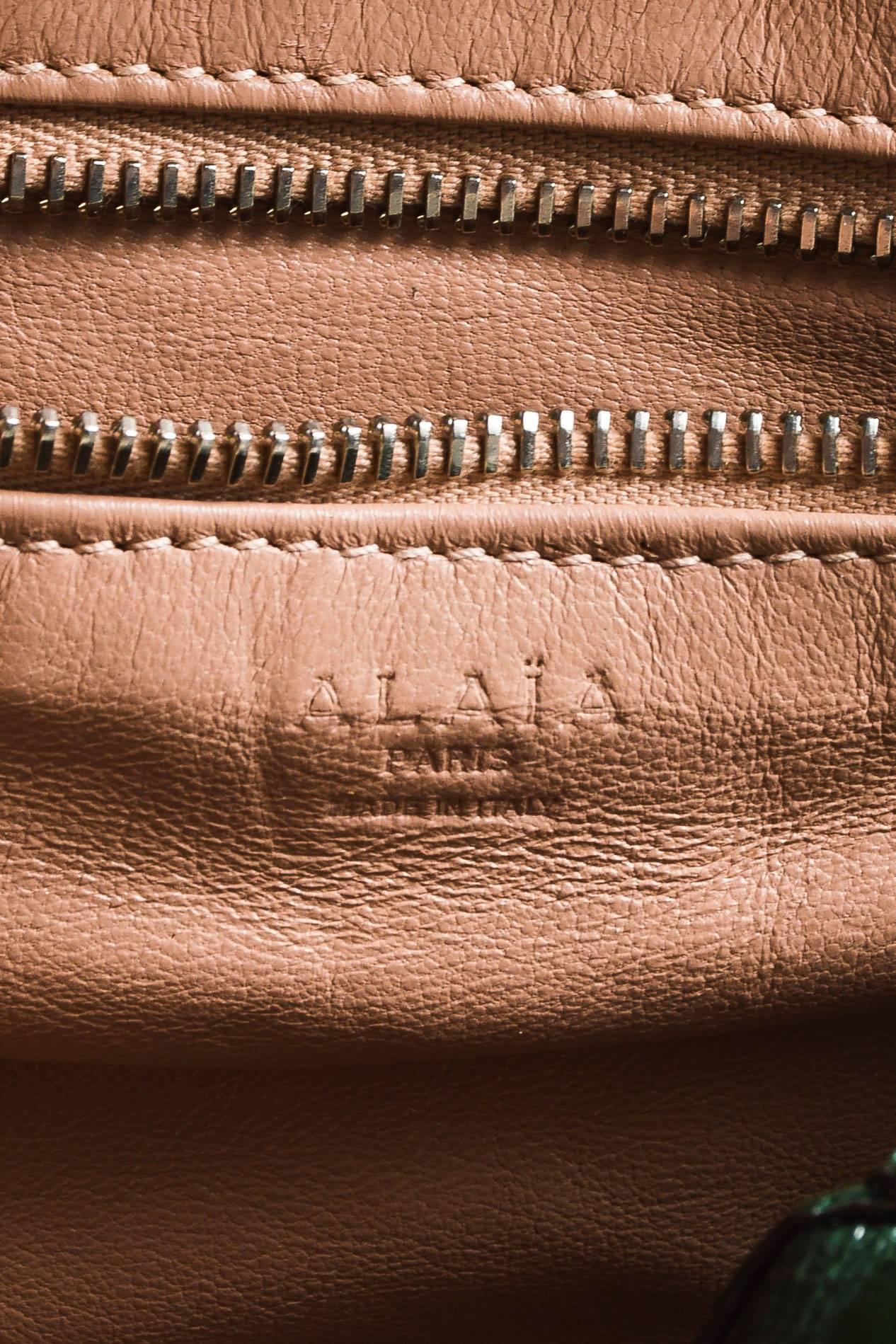 Alaia Glossy Green Embossed Patent Leather Structured Double Handle Tote Bag For Sale 1