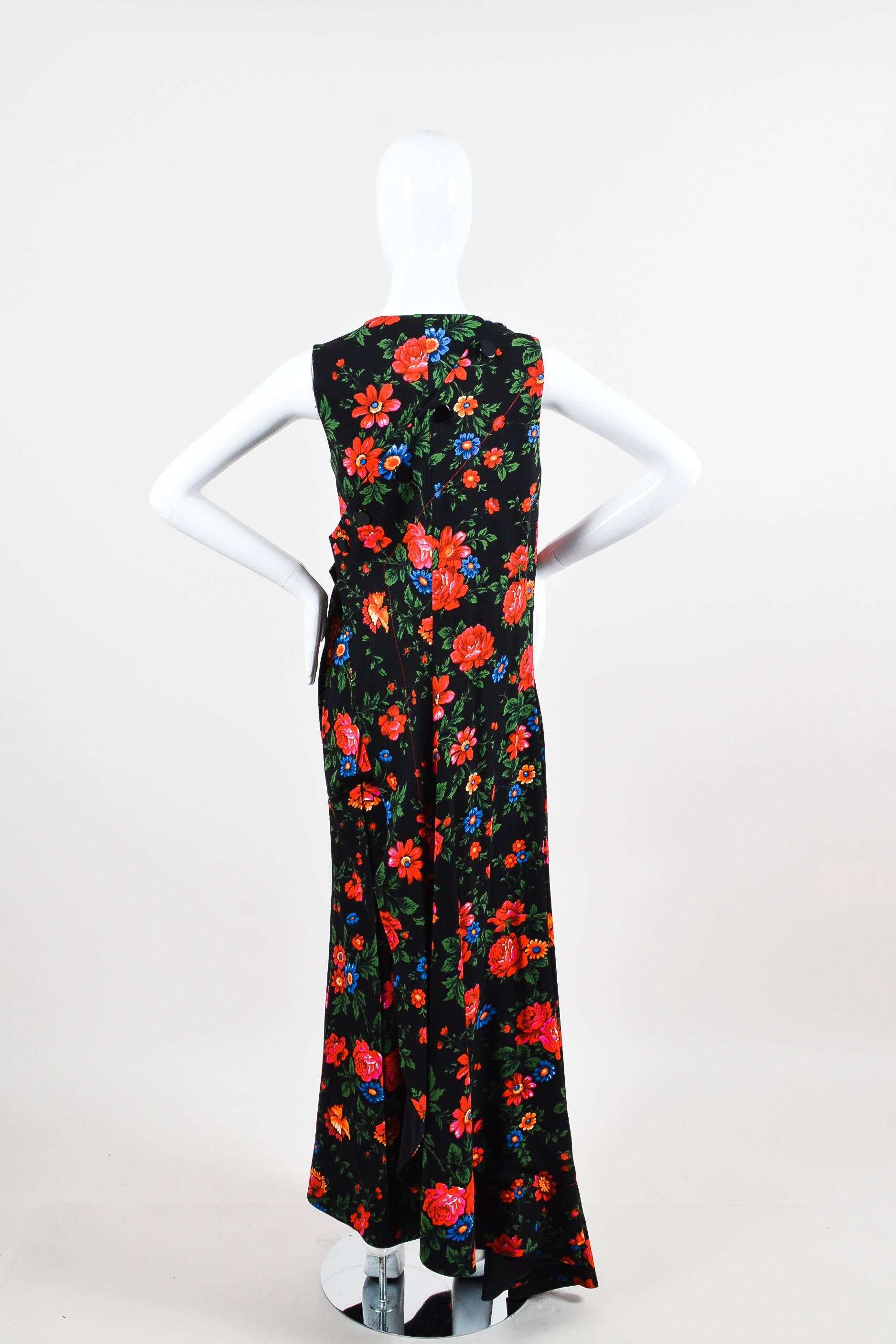 Celine Black Multicolor Crepe Floral Draped Layered Pantsuit Size 38 In Excellent Condition For Sale In Chicago, IL