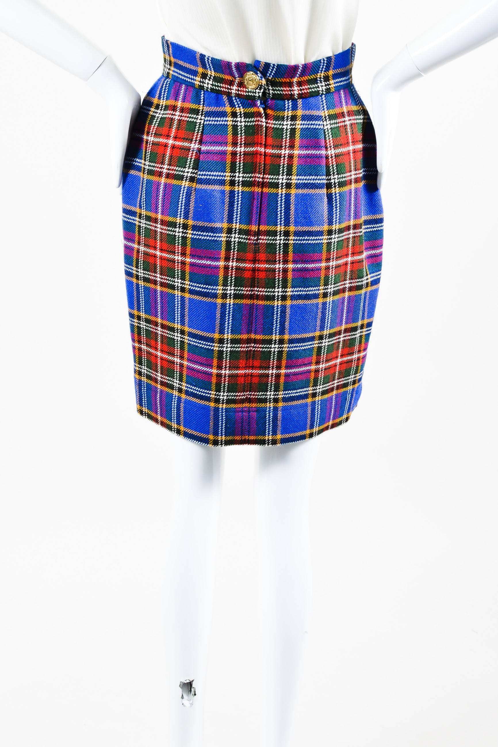 Vintage Moschino Cheap and Chic Blue Multicolor Wool Plaid Pencil Skirt Size 6 In Good Condition For Sale In Chicago, IL