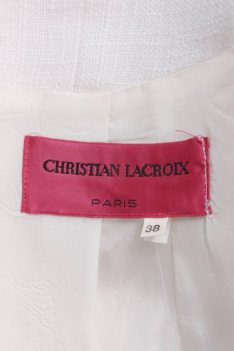 Women's Vintage Christian Lacroix Black White Linen Gold Button LS Blazer Jacket SZ 38 For Sale