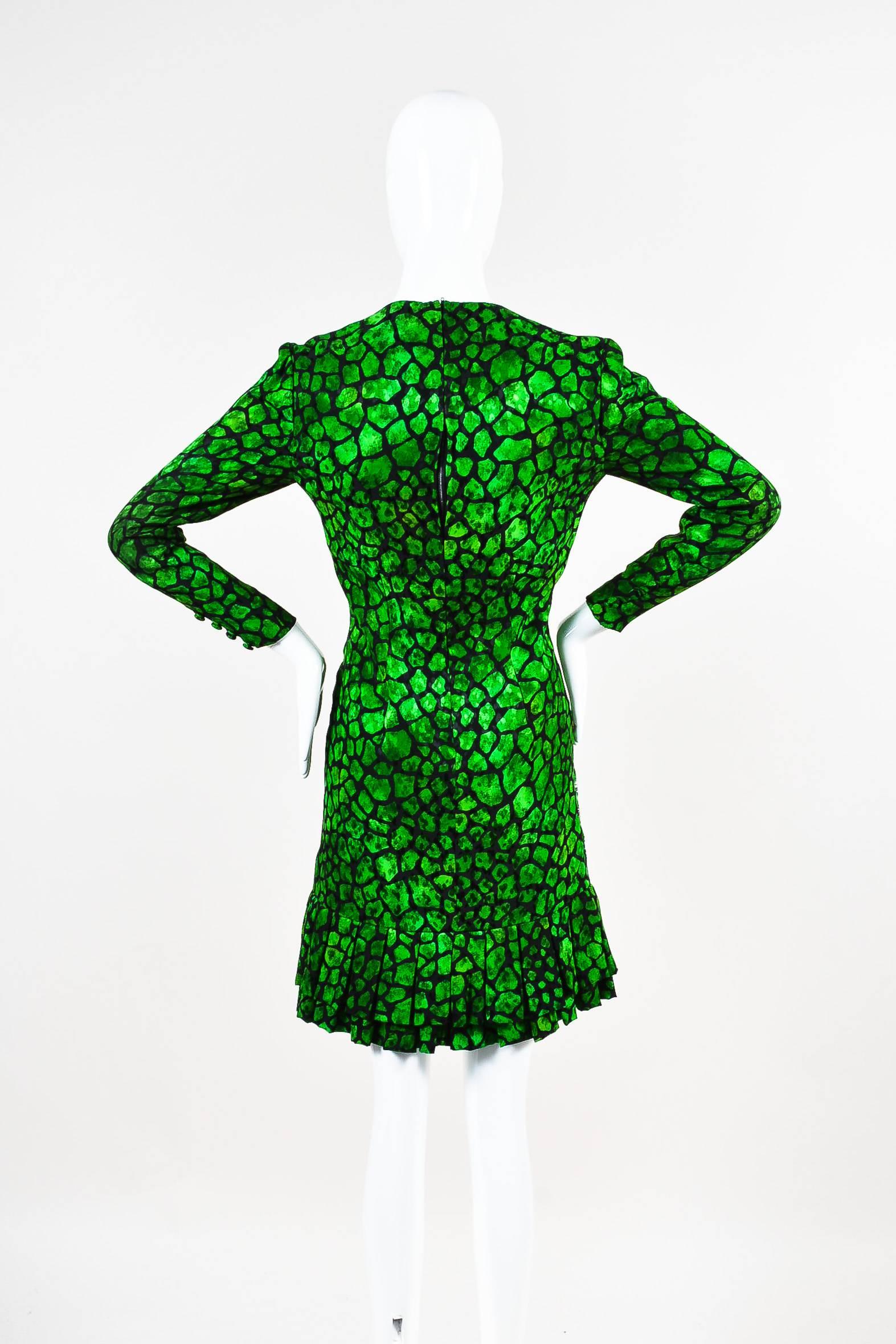 Libertine New with Tags Green Black Animal Print Rhinestone Pleated Hem LS Dress In New Condition In Chicago, IL