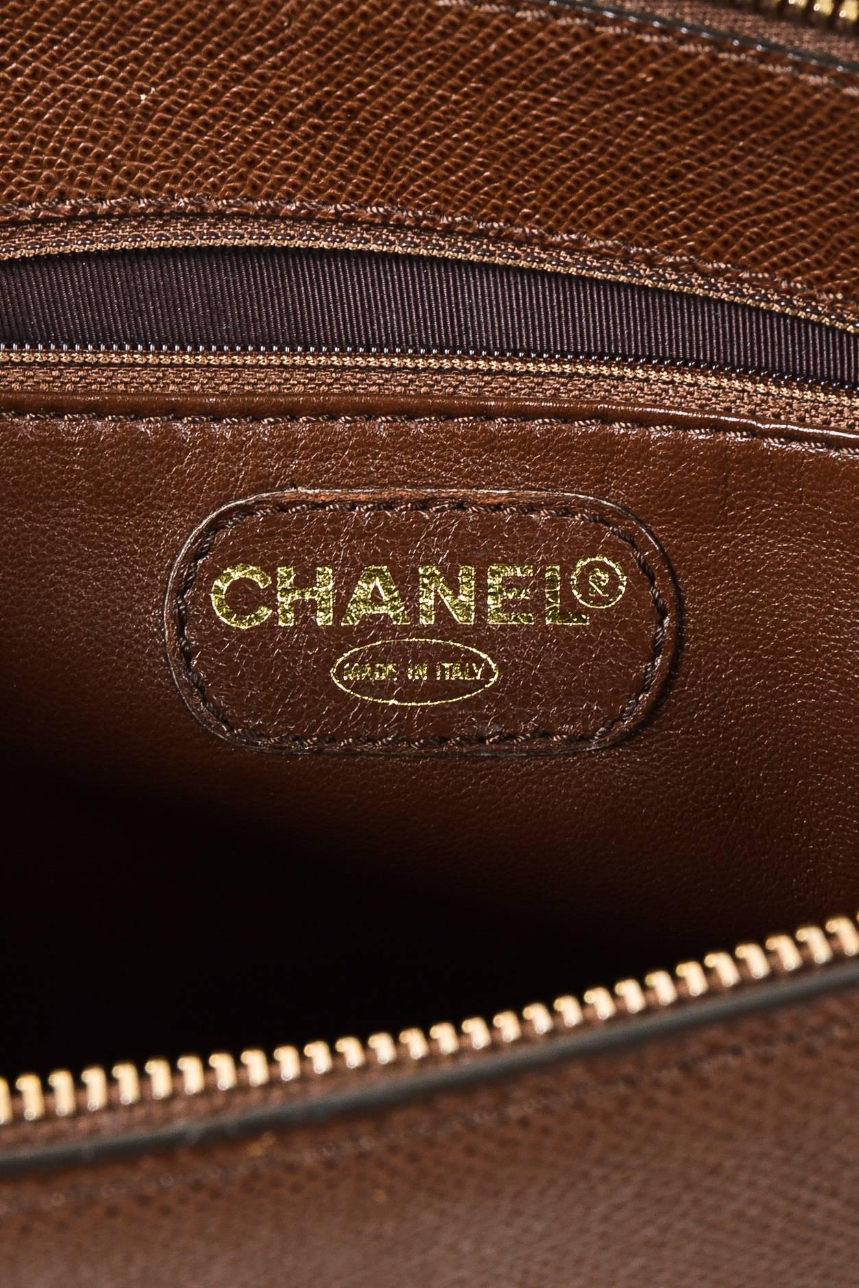 Chanel Brown Grained Leather Embroidered Logo 