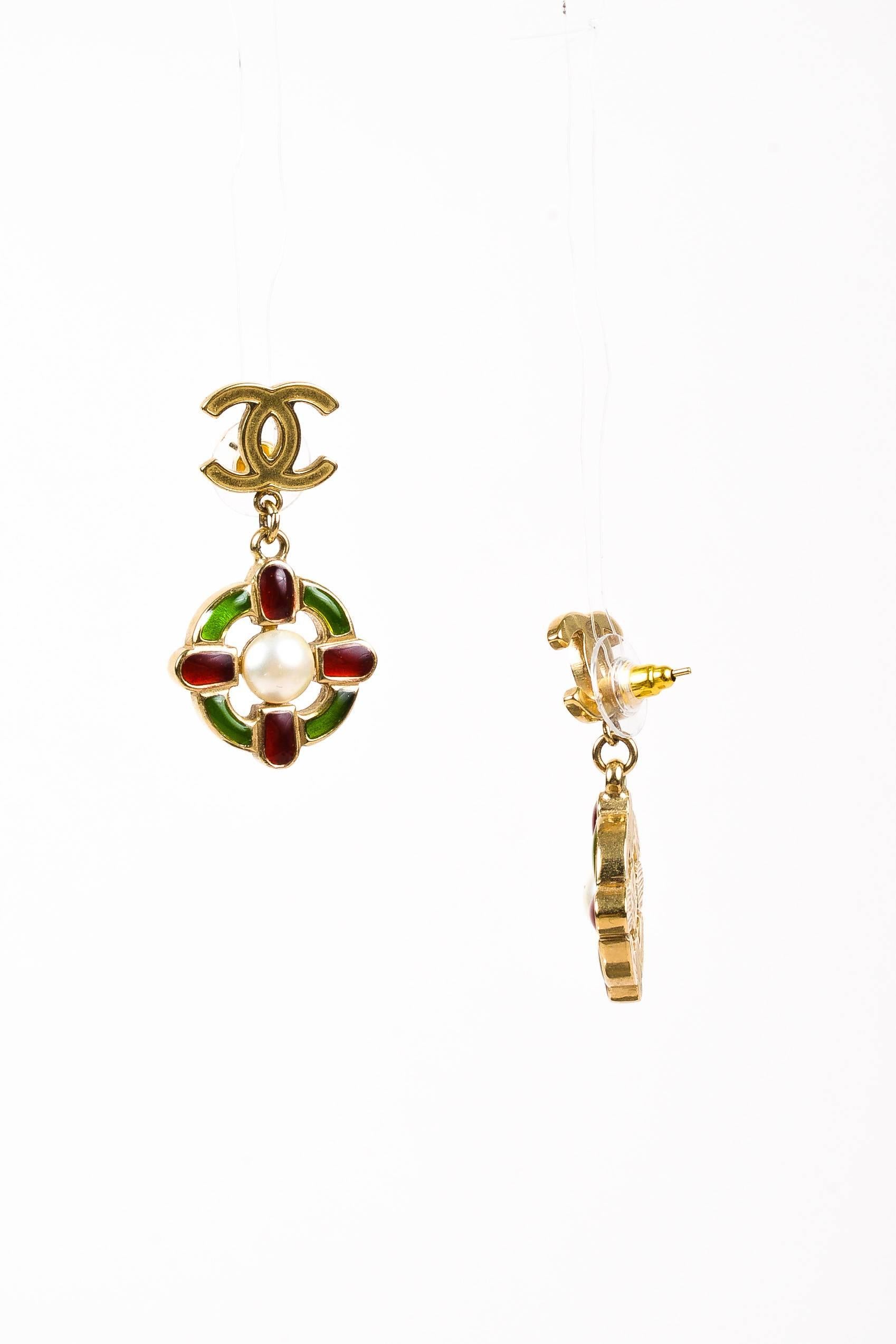Chanel 07A Gold Tone 'CC' Red Green Gripoix Faux Pearl Drop Post Earrings In Excellent Condition In Chicago, IL