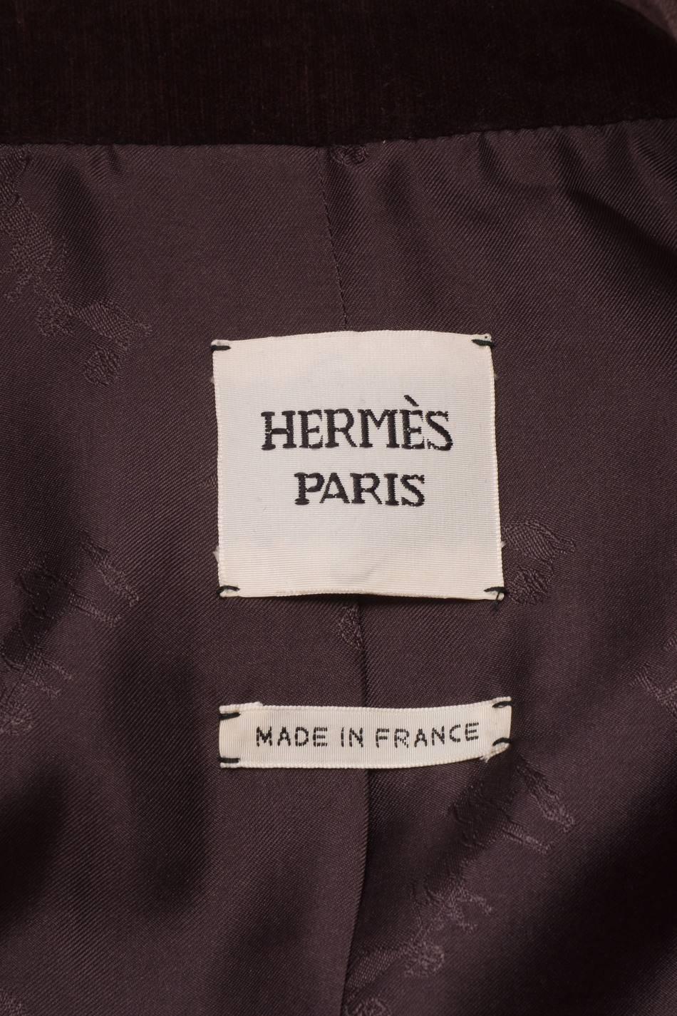 Vintage Hermes Purple Cotton Velvet One Button Long Blazer Size 42 In Excellent Condition For Sale In Chicago, IL
