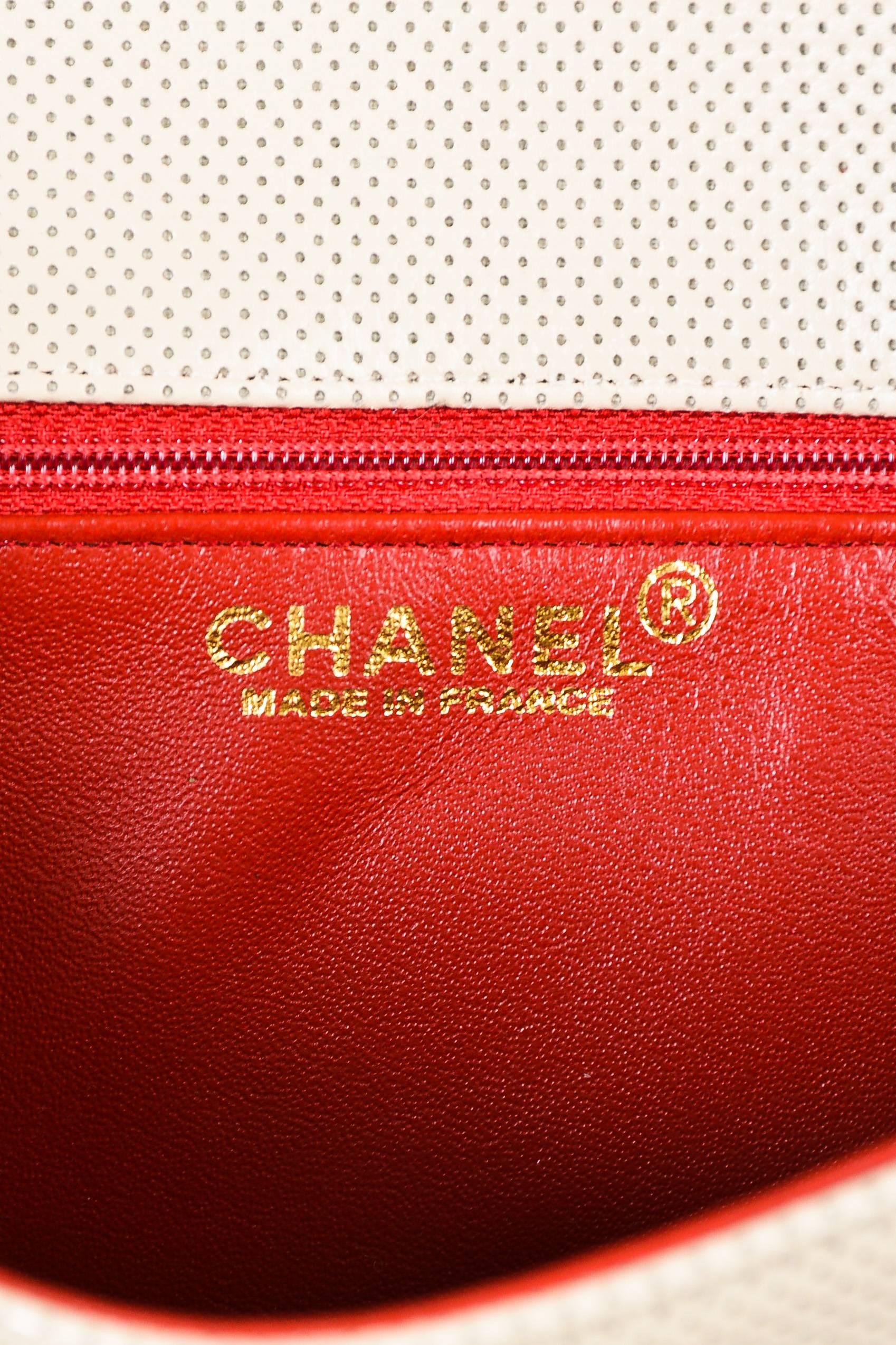 Chanel Taupe Red Perforated Leather Rolled Handle Flap Bag For Sale 2