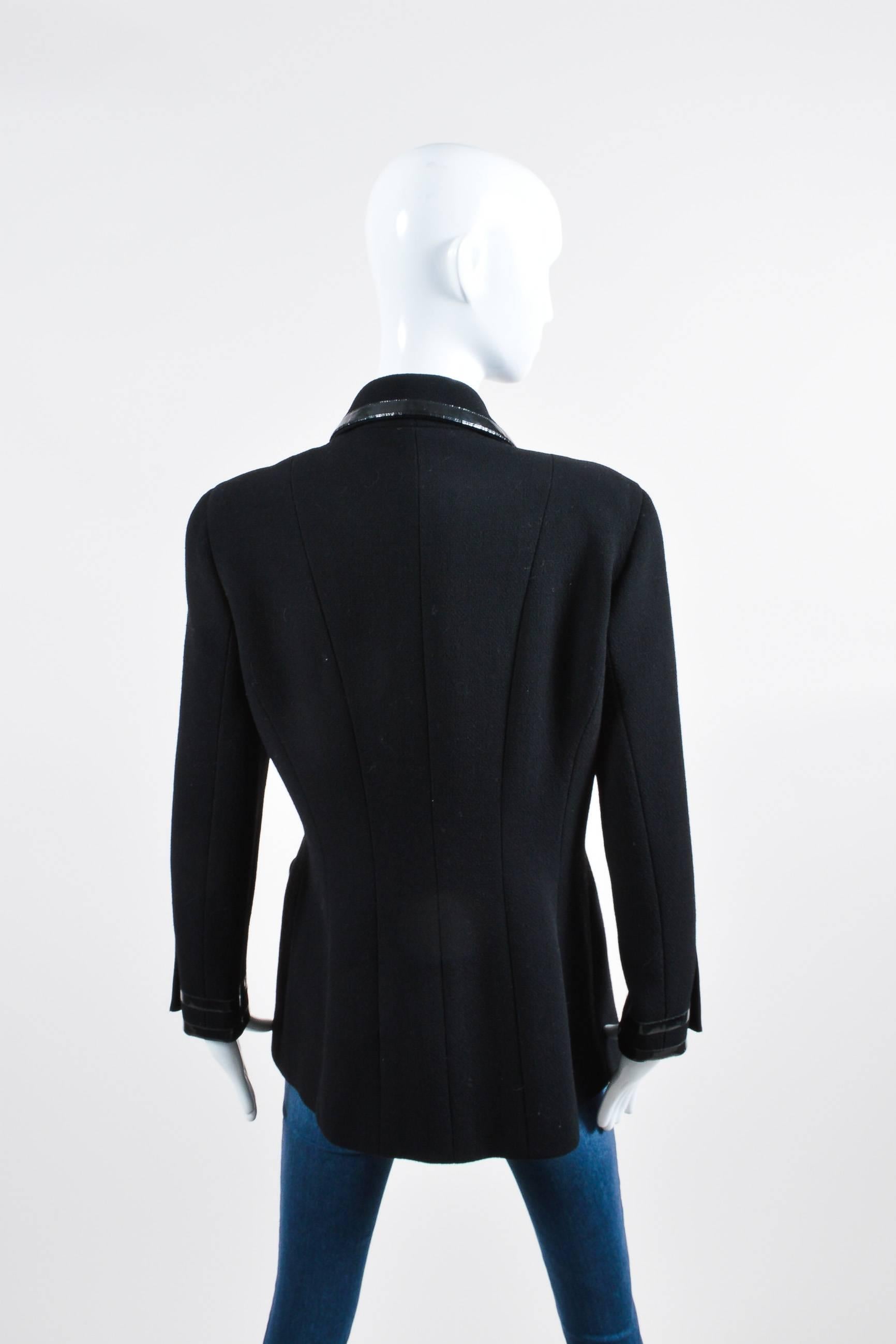 Vintage Chanel Black Wool Patent Leather Trim Button Long Tailored Jacket SZ 44 In Good Condition For Sale In Chicago, IL
