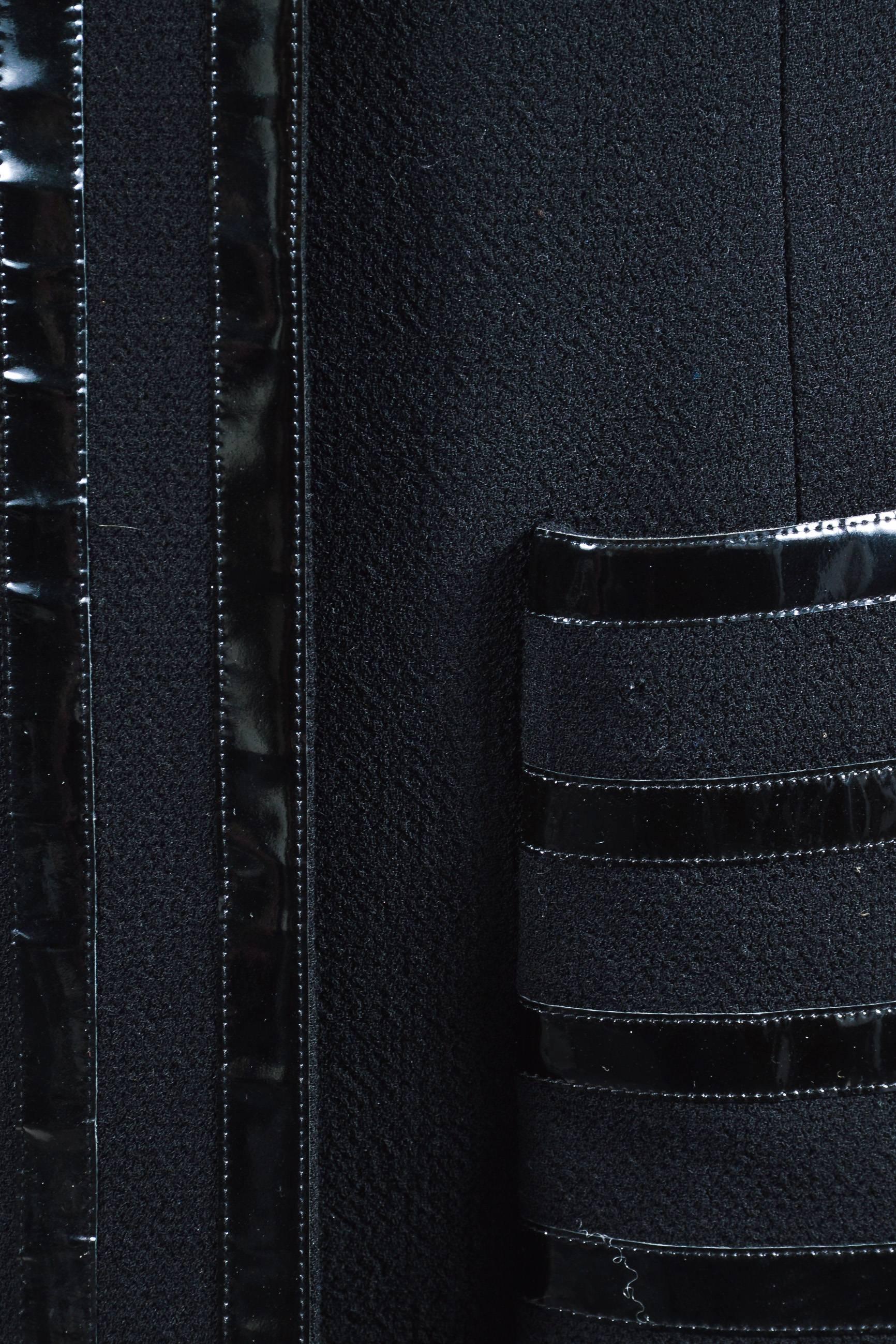 Women's Vintage Chanel Black Wool Patent Leather Trim Button Long Tailored Jacket SZ 44 For Sale