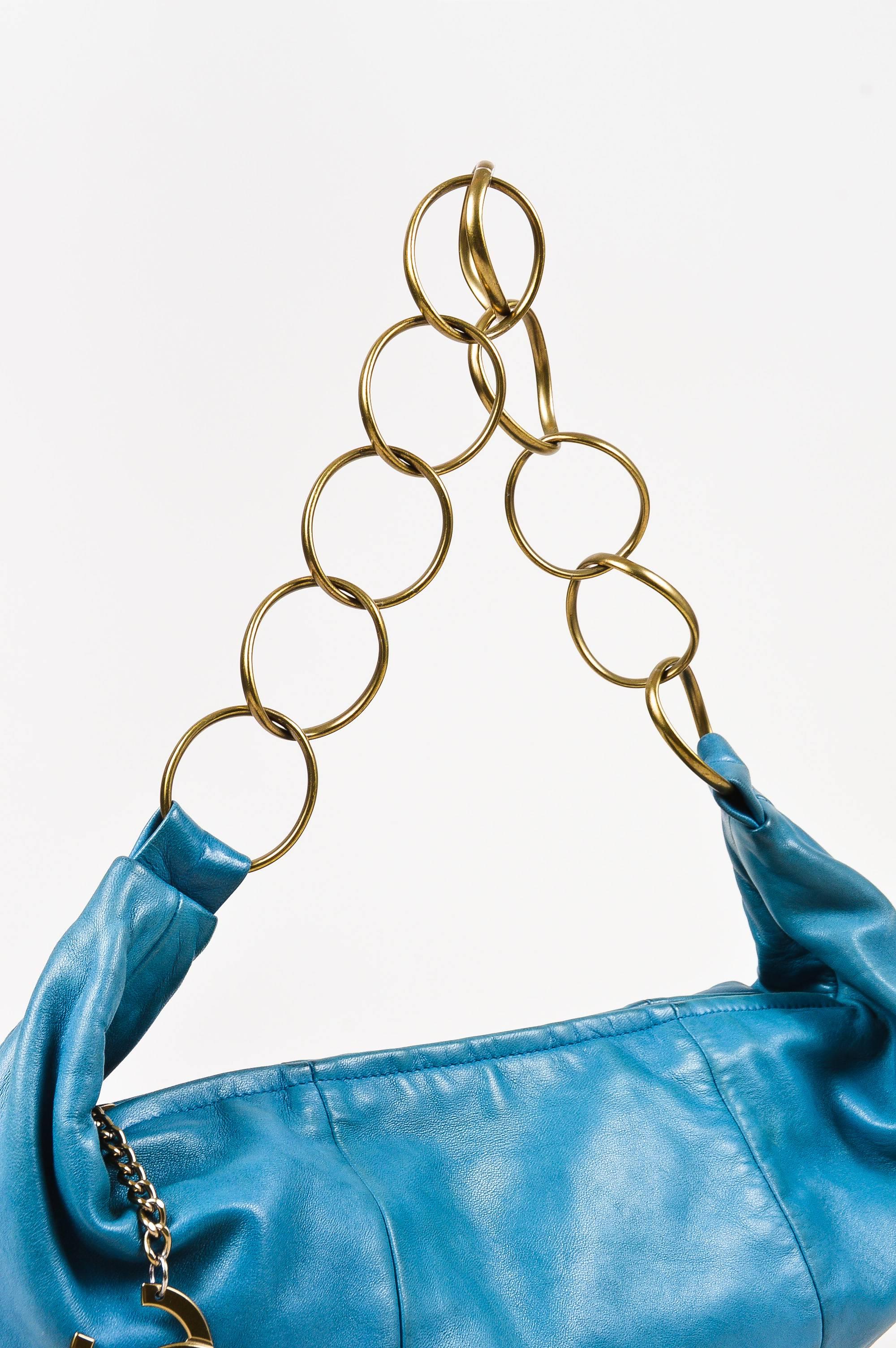 Women's Chanel Teal Leather Bronze Tone 'CC' Ring Hobo Bag For Sale
