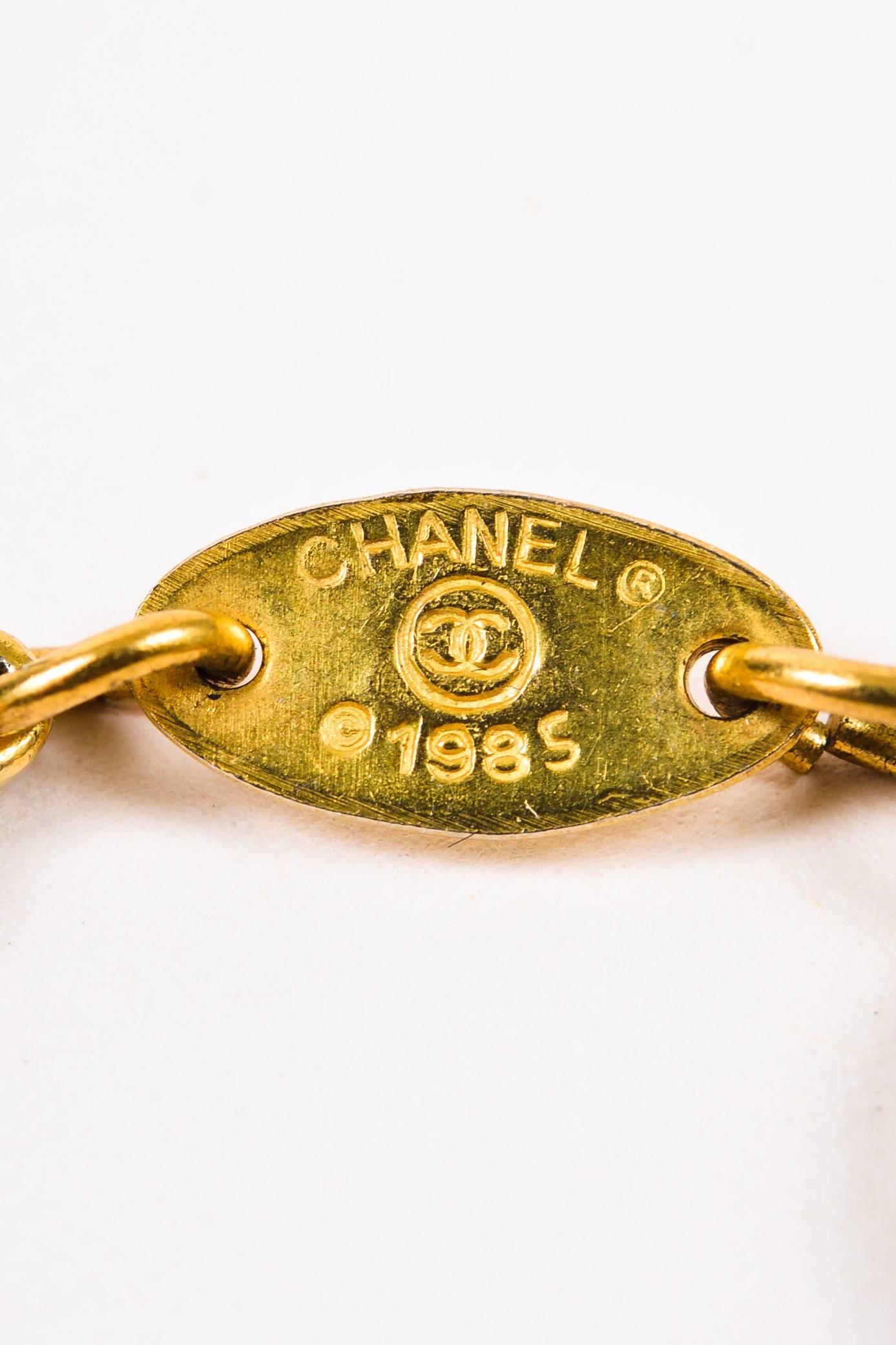 Vintage Chanel 1985 Gold Tone Crystal Oval 'CC' Logo Station Long Necklace For Sale 2