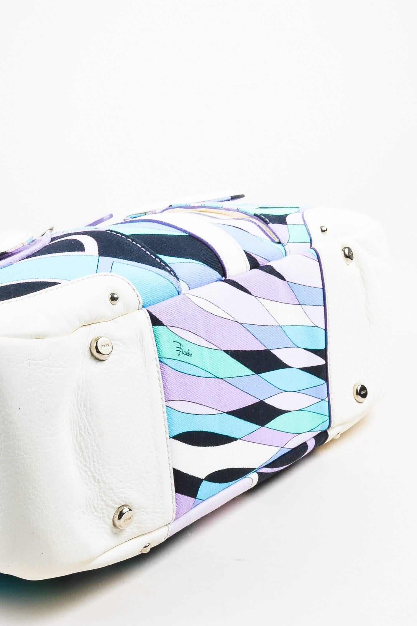 Blue Emilio Pucci NWT White Lavender Teal Canvas Leather Trim Printed Pockets Handbag For Sale