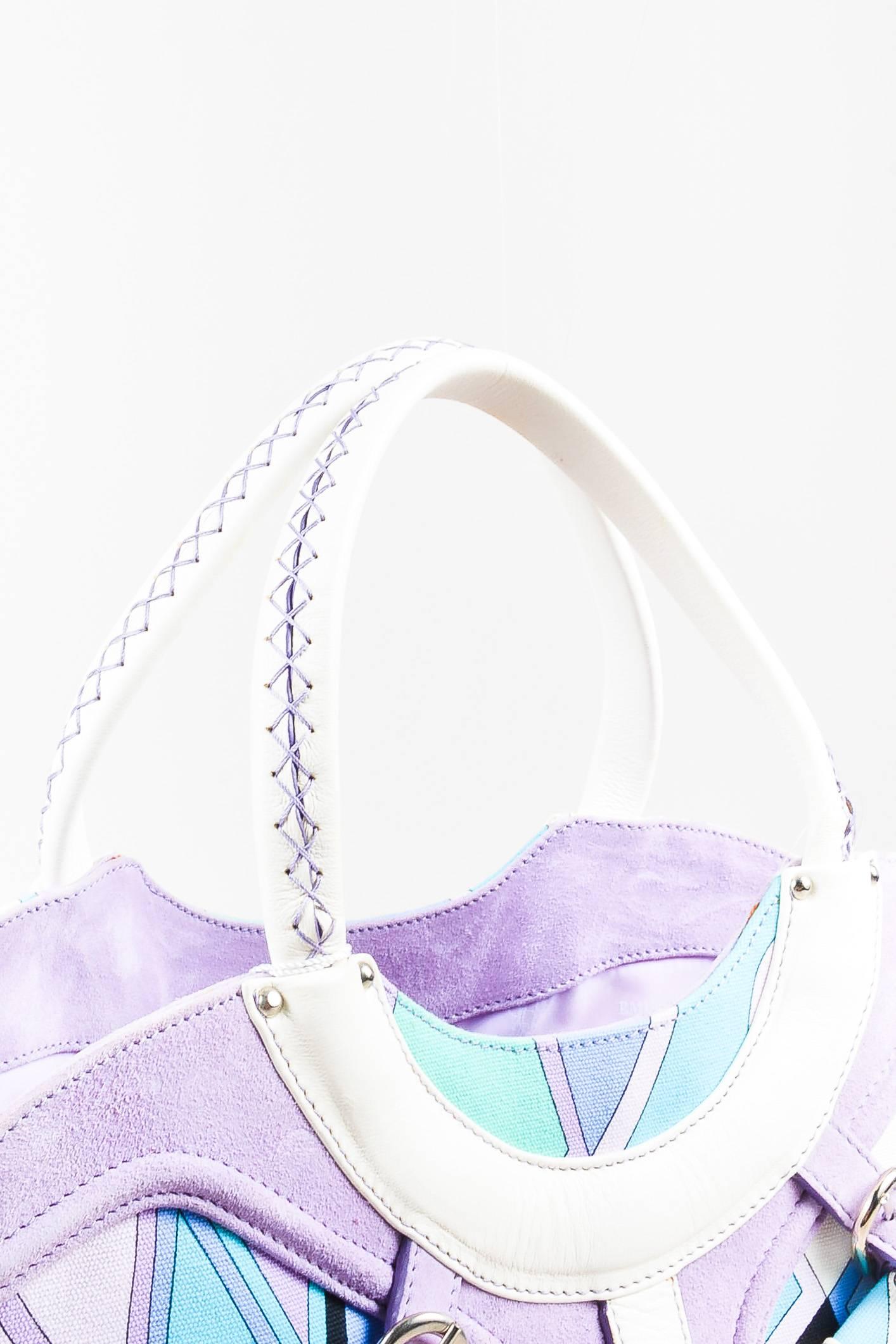 Women's Emilio Pucci NWT White Lavender Teal Canvas Leather Trim Printed Pockets Handbag For Sale