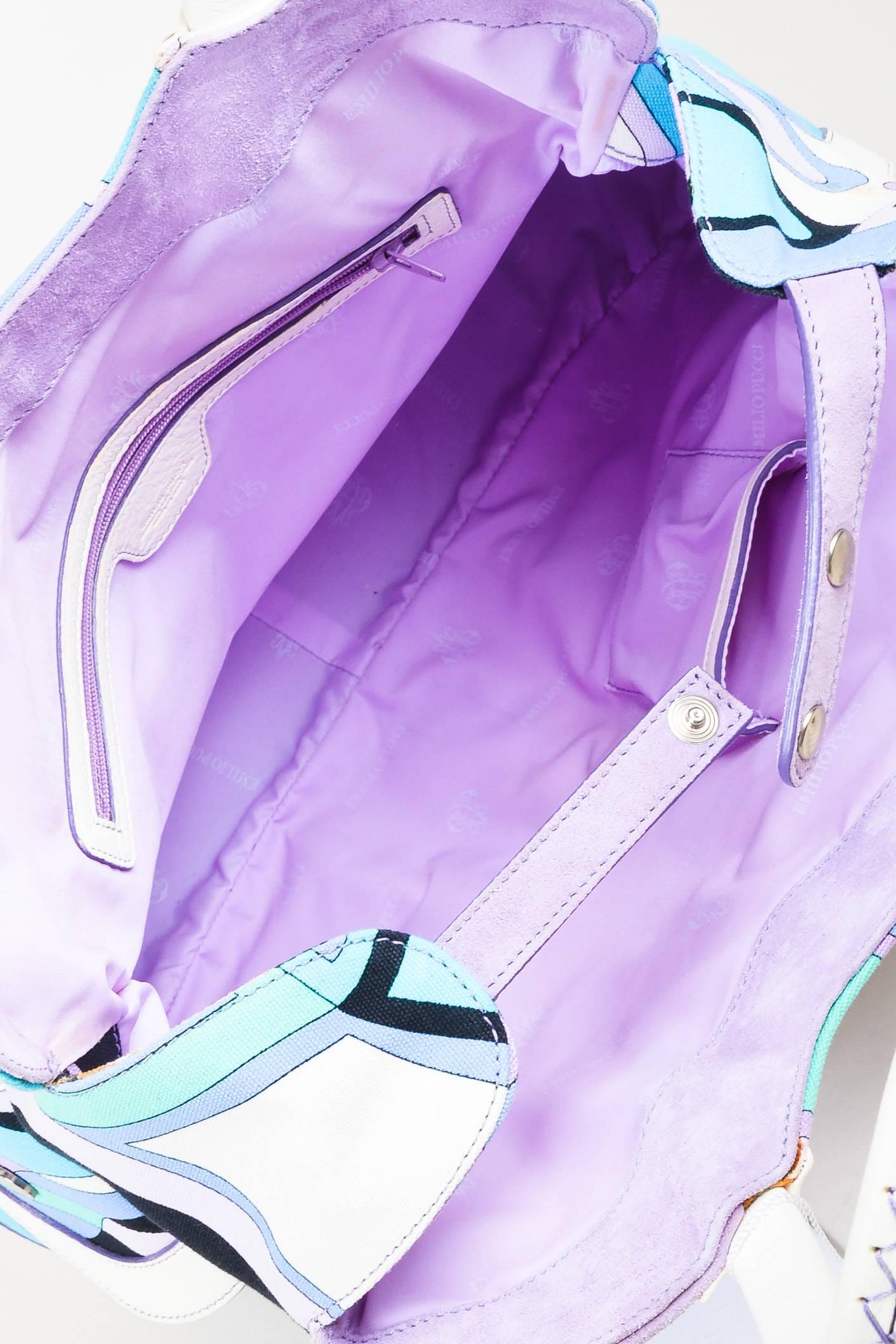 Emilio Pucci NWT White Lavender Teal Canvas Leather Trim Printed Pockets Handbag For Sale 2