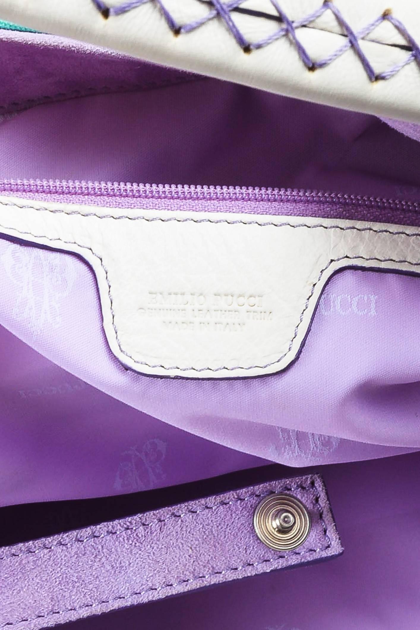Emilio Pucci NWT White Lavender Teal Canvas Leather Trim Printed Pockets Handbag For Sale 1