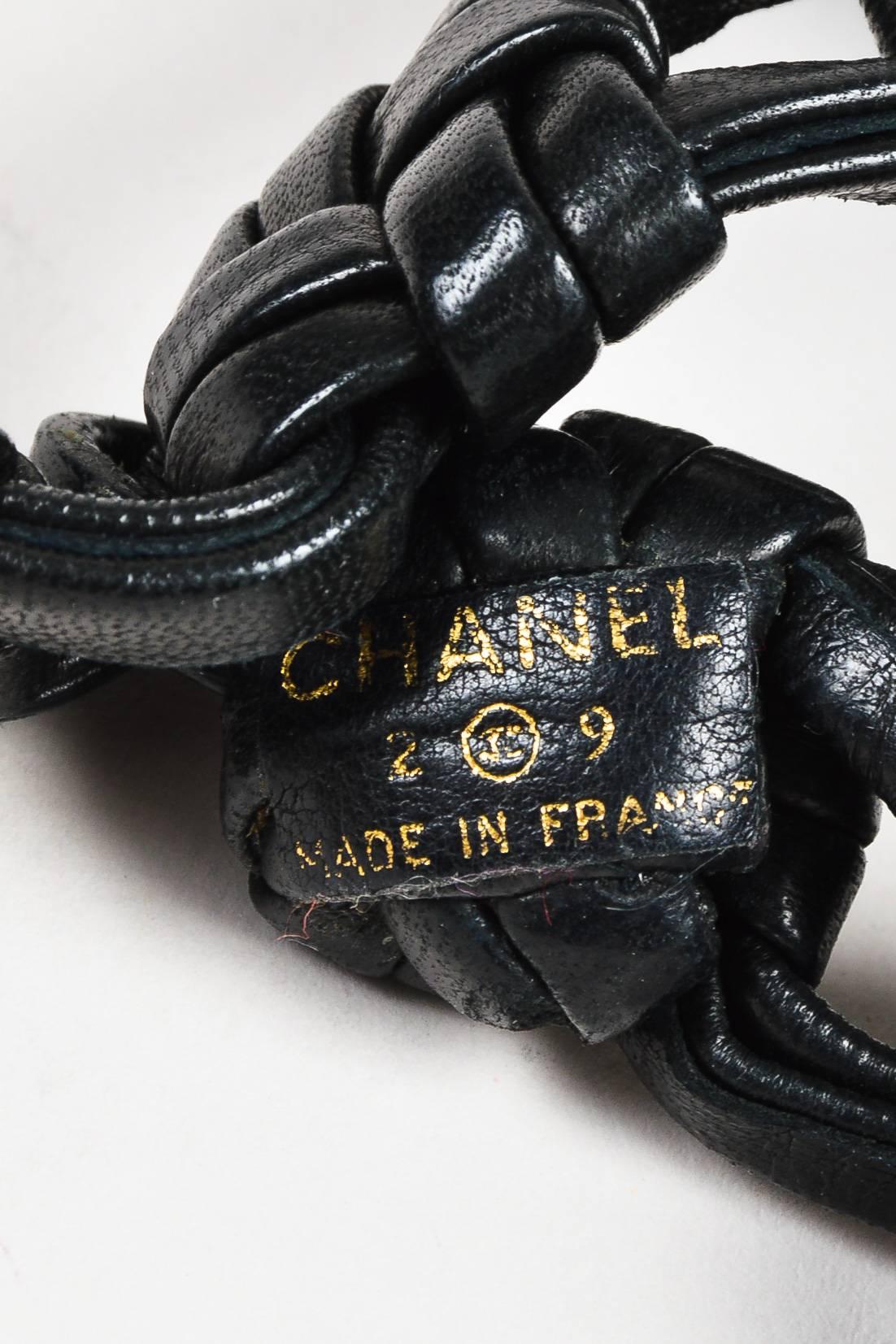 Women's Vintage Chanel Black Gold Tone Leather Braided Charm Embellished Belt SZ 65 For Sale