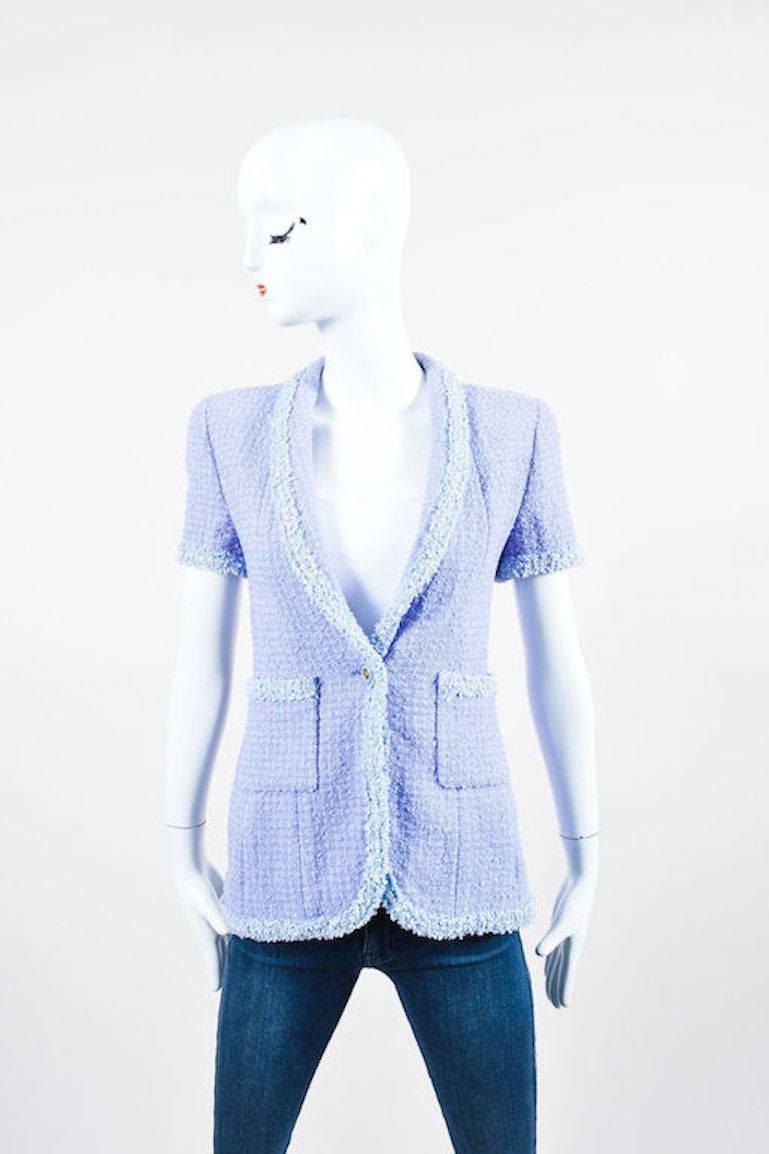 Chanel Boutique 95P Periwinkle Metallic Tweed Sequin Trim SS Skirt Suit Size 38 In Good Condition For Sale In Chicago, IL