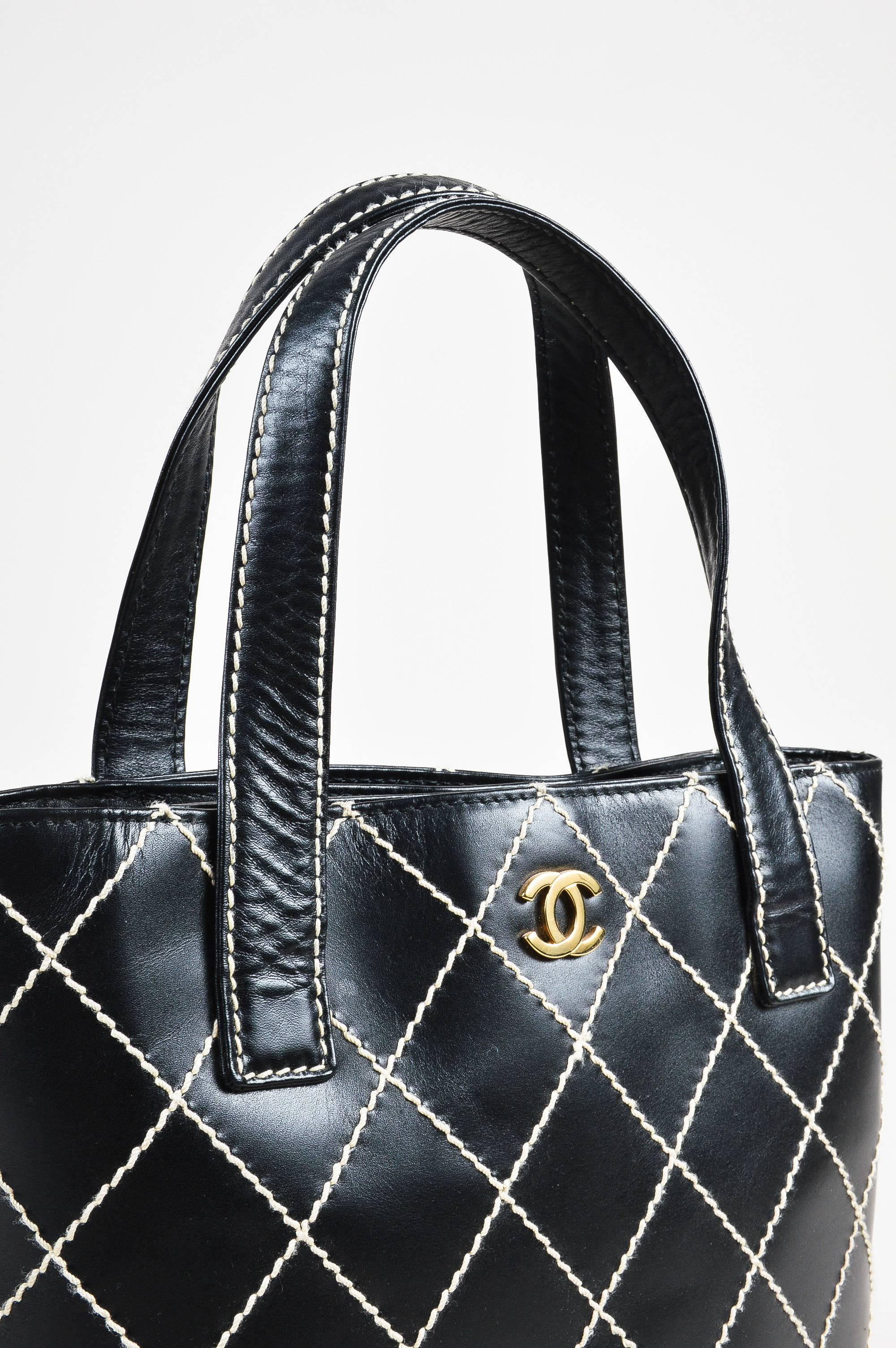 Chanel Black White Leather Gold Tone 'CC' Double Handle 