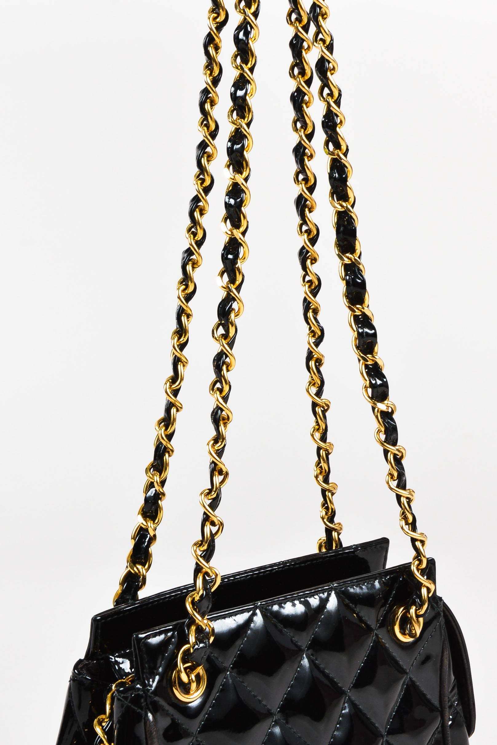 Vintage Chanel Black Patent Leather Quilted Gold Tone Chain Strap Shoulder Bag For Sale 1