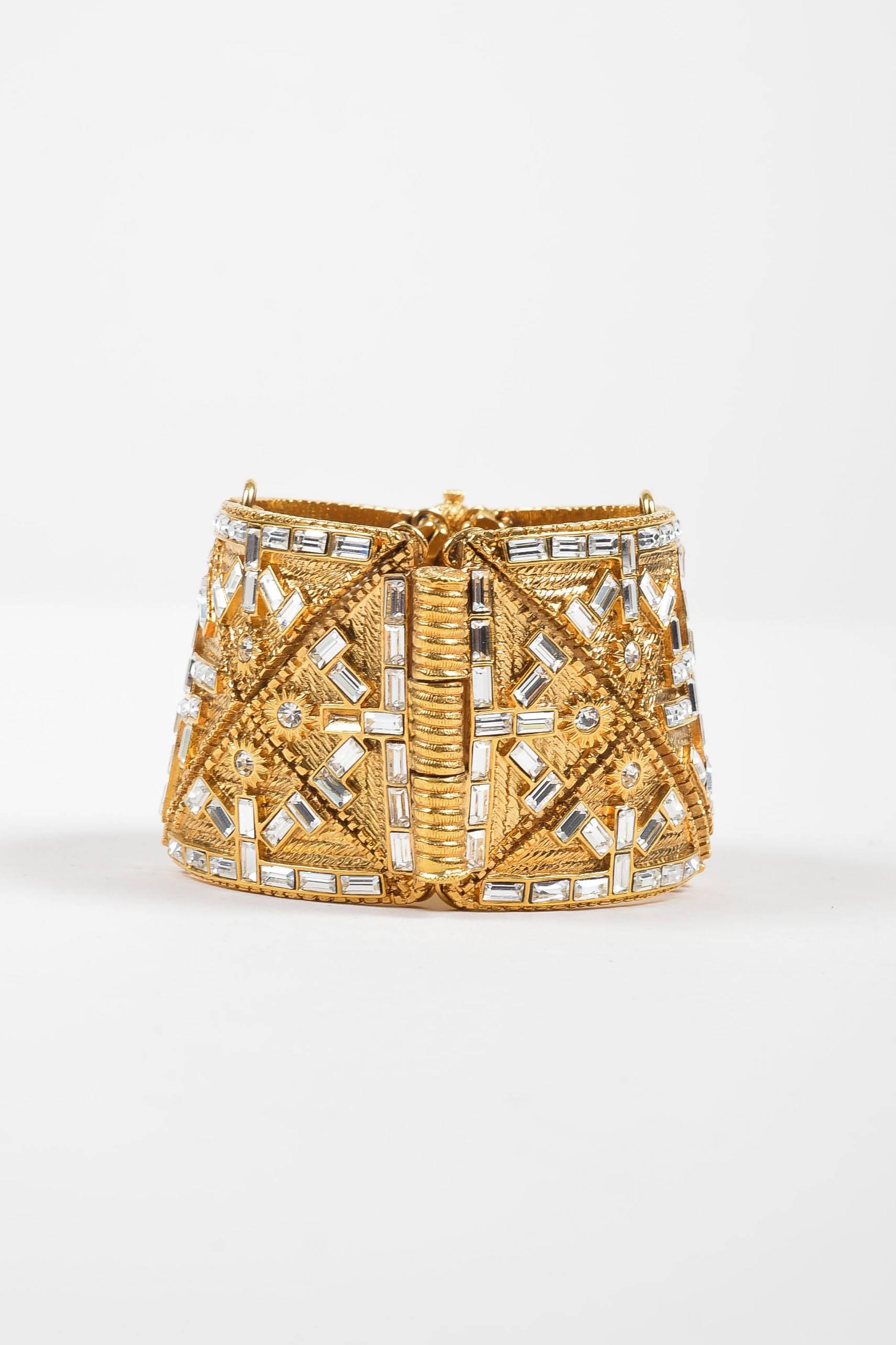 Vintage Jean Louis Scherrer Gold Tone Textured Rope Diamante Wide Bracelet In Good Condition For Sale In Chicago, IL