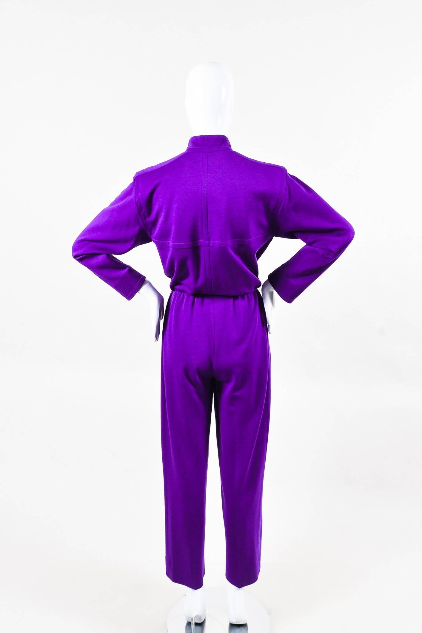 Vintage Saint Laurent Purple Wool Long Sleeve Stand Collar Jumpsuit Size 34 In Good Condition In Chicago, IL