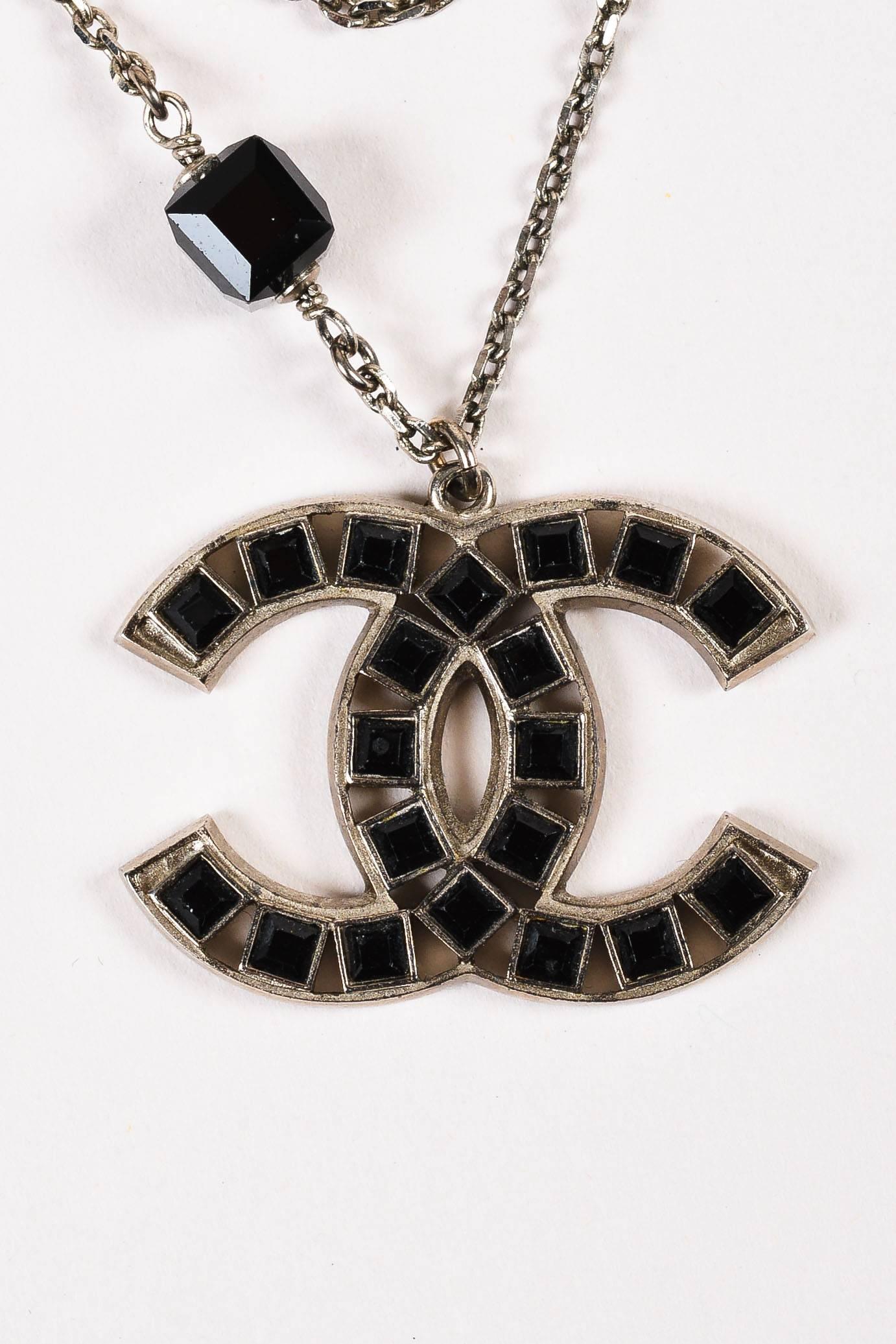 Chanel 08P Silver Tone Black Swarovski Crystal 'CC' Logo Double Chain Necklace In Good Condition For Sale In Chicago, IL