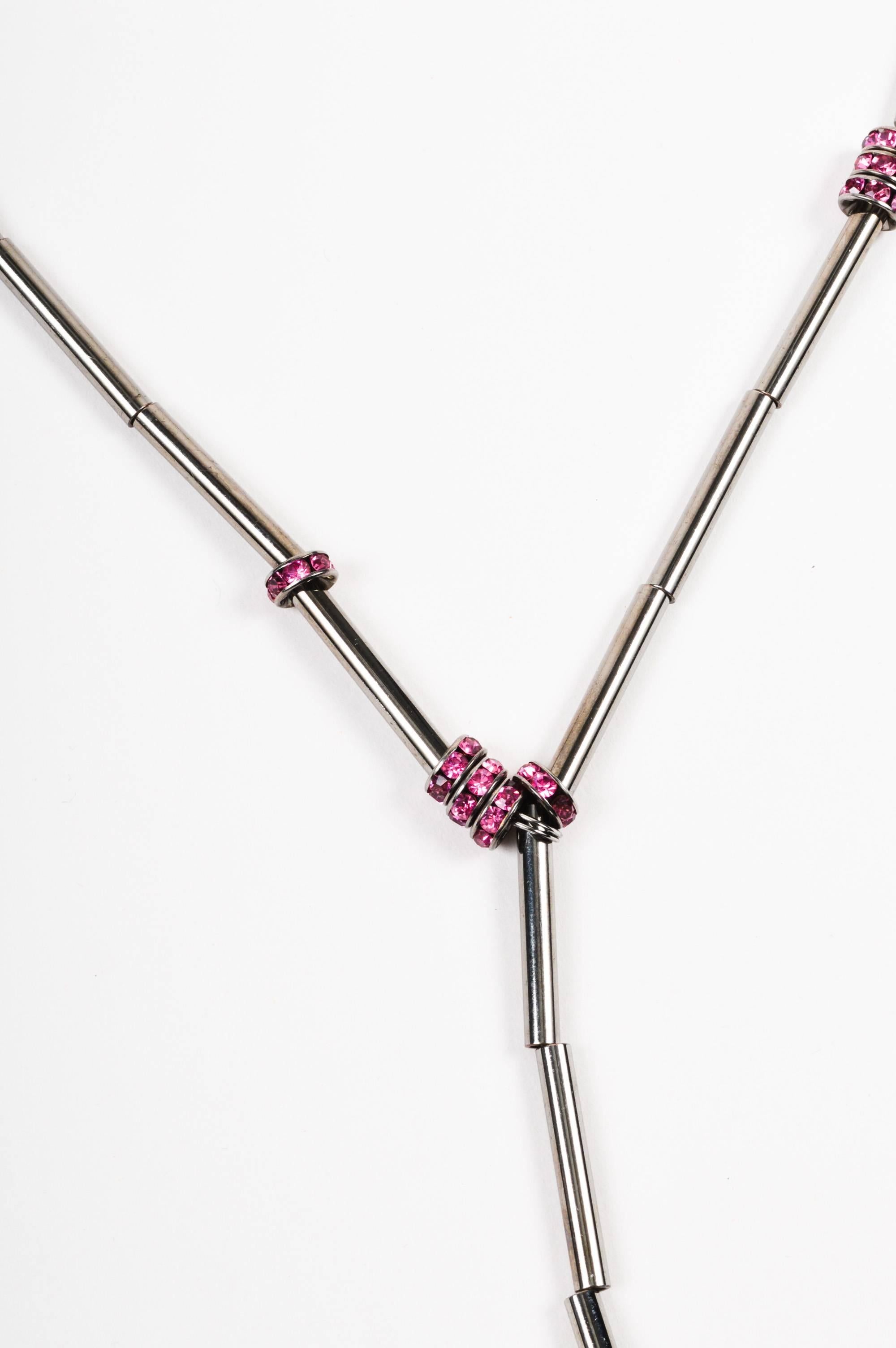 Chanel Gunmetal Pink Green Tube Bead Crystal Stone Embellished Pendant Necklace In Excellent Condition For Sale In Chicago, IL