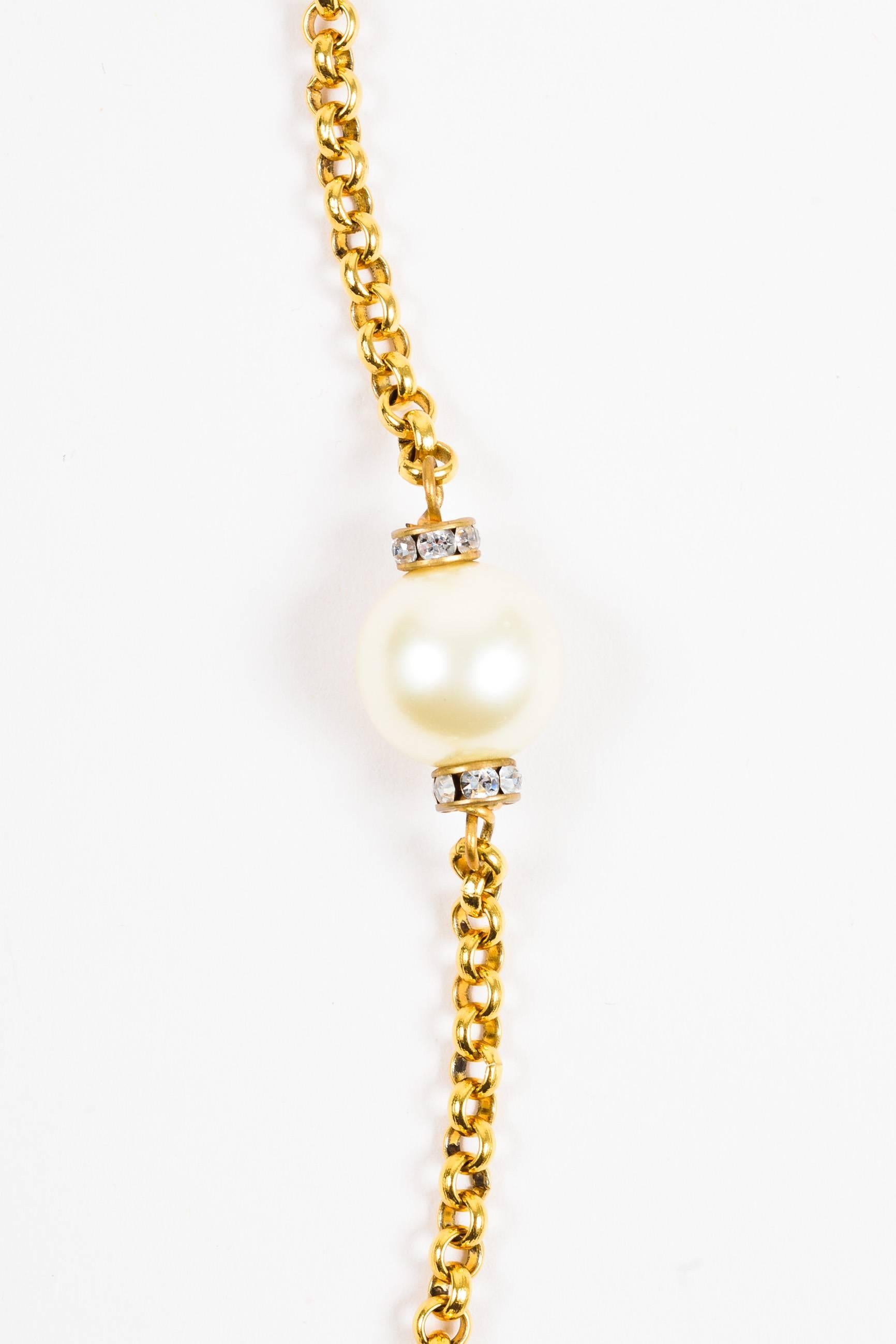Vintage Chanel Gold Tone Metal Faux Pearl Crystal Strand Necklace In Good Condition For Sale In Chicago, IL