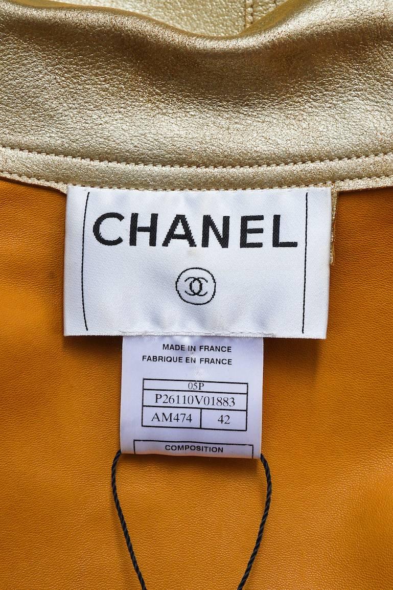 Chanel 05P Metallic Gold Lambskin Leather 'CC' Double Breasted Jacket Size 42 In Good Condition For Sale In Chicago, IL