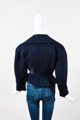 Vintage Alaia Navy Blue & White Wool Embroidered & Oversize Lapel Jacket SZ 10