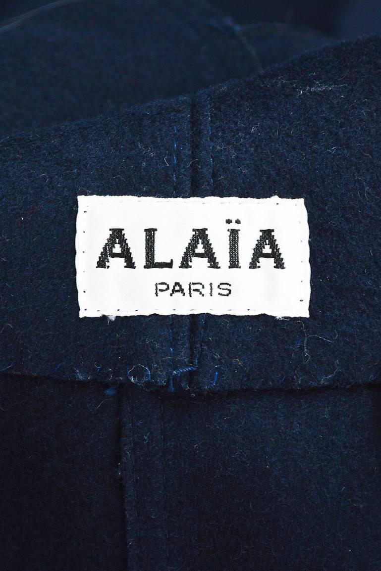 Black Vintage Alaia Navy Blue & White Wool Embroidered & Oversize Lapel Jacket SZ 10