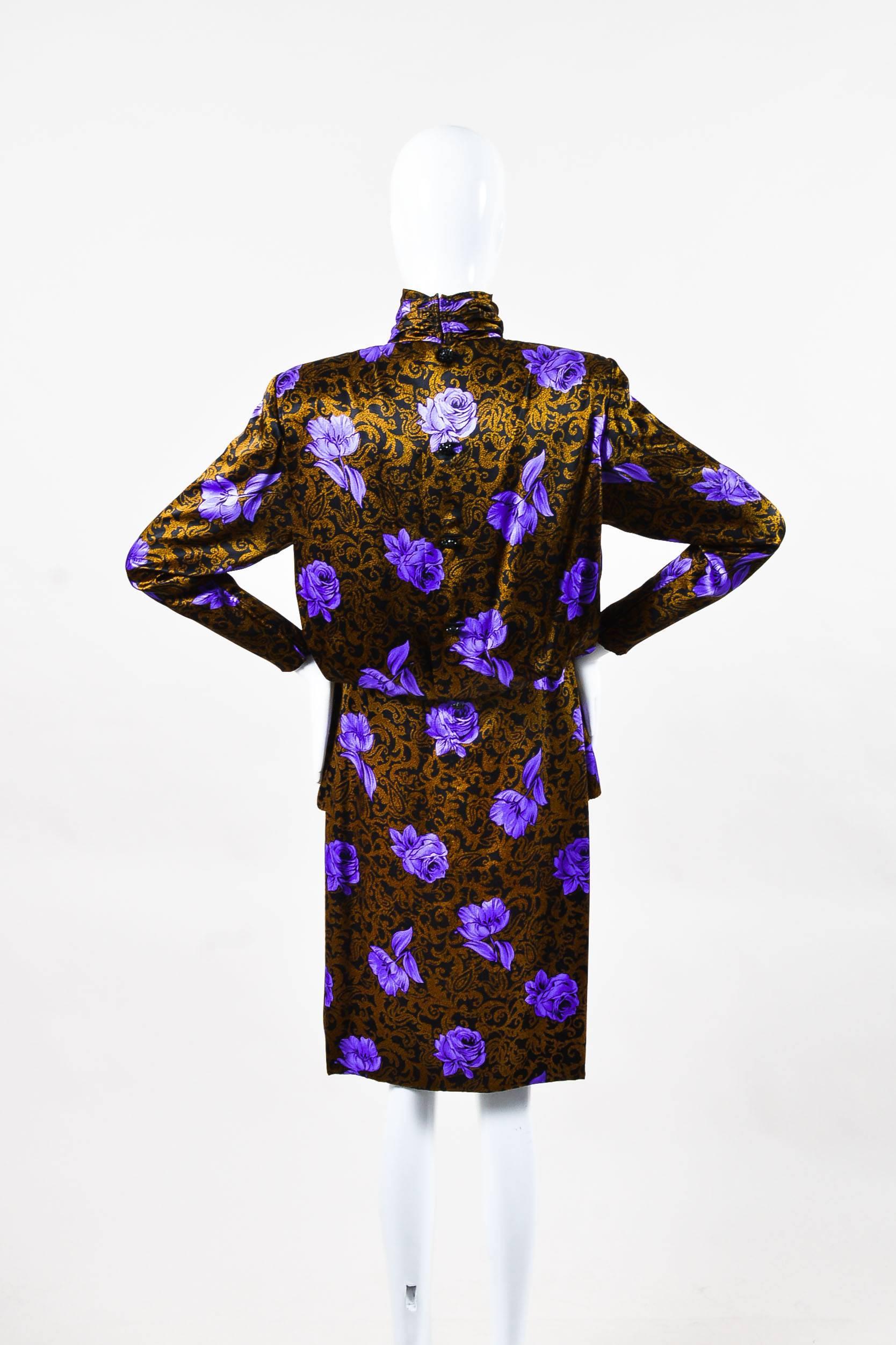 Vintage Galanos Black Purple Gold Print Silk Draped Cowl Neck Long Sleeve Dress In Fair Condition For Sale In Chicago, IL