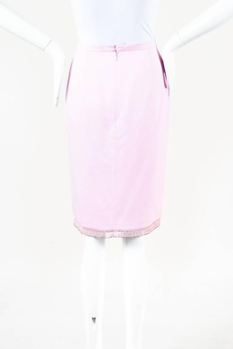 Gray Vintage Valentino Boutique Pink Silk Beaded Fringe Pencil Skirt SZ 14 For Sale