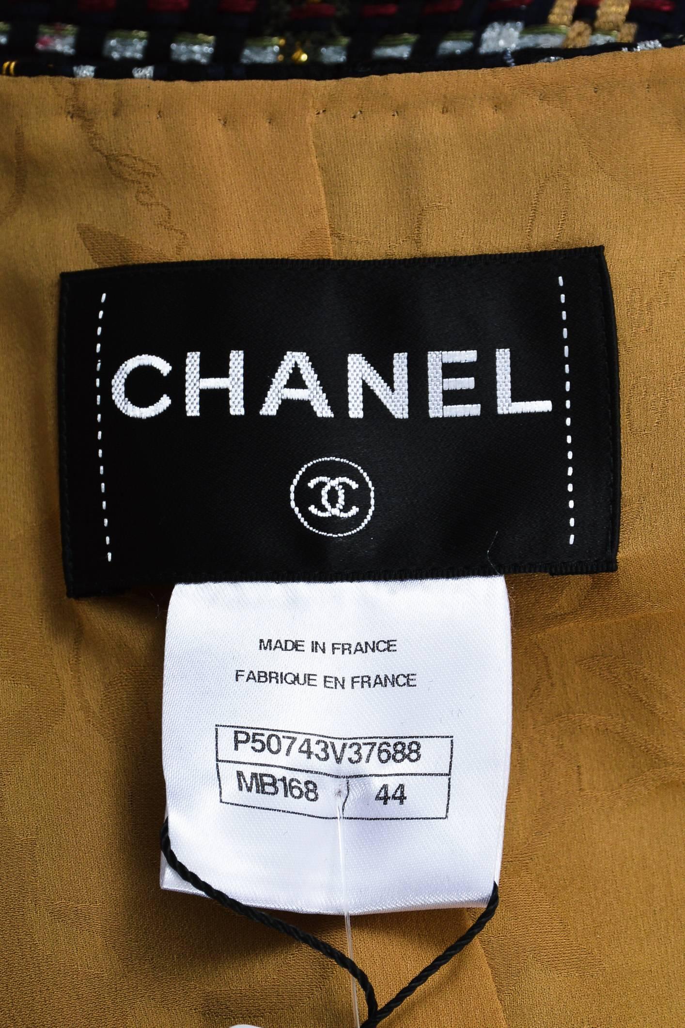 Black Chanel NWT Runway 2015 Multicolor Tweed Cotton Cropped Long Sleeve Jacket SZ 44 For Sale